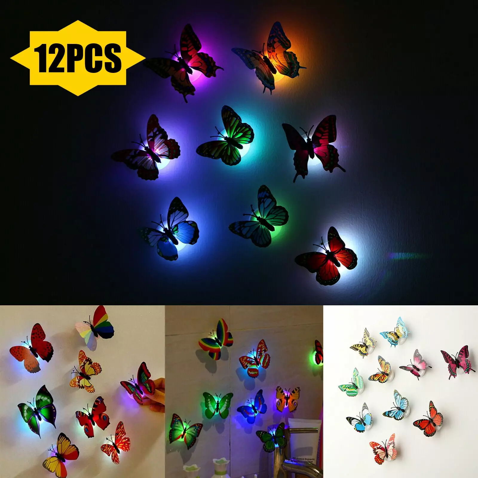 12pcs 3D Butterfly Wall Decals LED Color Changing Night Light DIY Home Decor Bedroom TSV