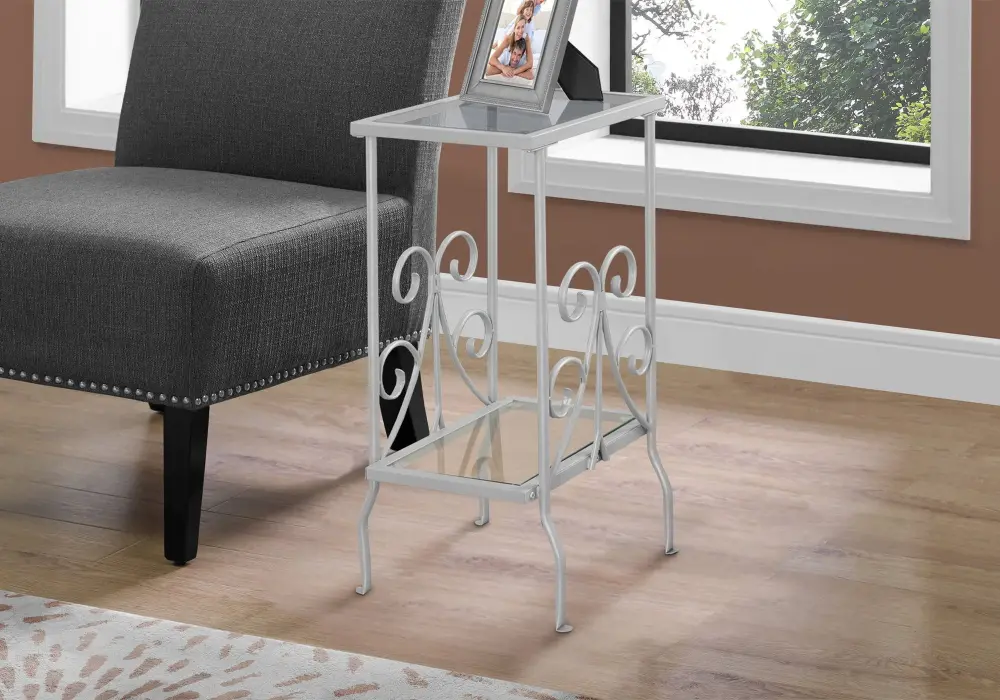 Handcrafted Accent Table, Side Tempered Glass, Transitional - Platinum