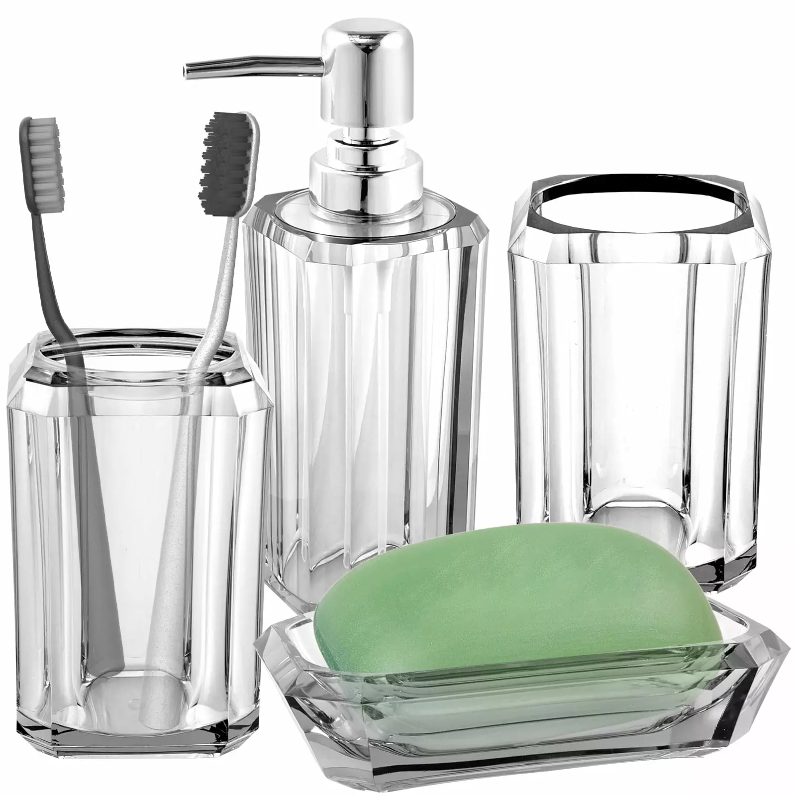 NewSoul 4PCS Clear Acrylic Bathroom Accessories Set Ribbed Soap Dispenser Toothbrush Holder