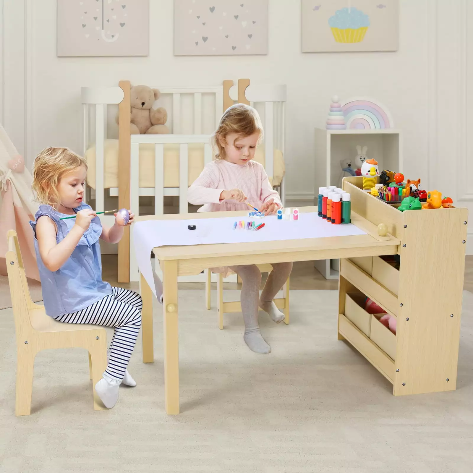 LAZY BUDDY Wooden Kids Table and 2 Chairs Set 4 Storage Shelves and Paper Roll Toddler Activity and Study Table Furniture ...