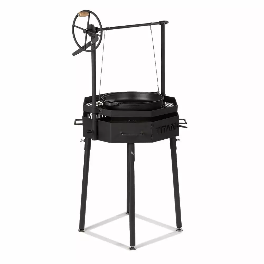 Ash & Ember Santa Maria Grill Argentine Style Adjustable Cooking Grate Cast Iron Skillet Titan Great Outdoors