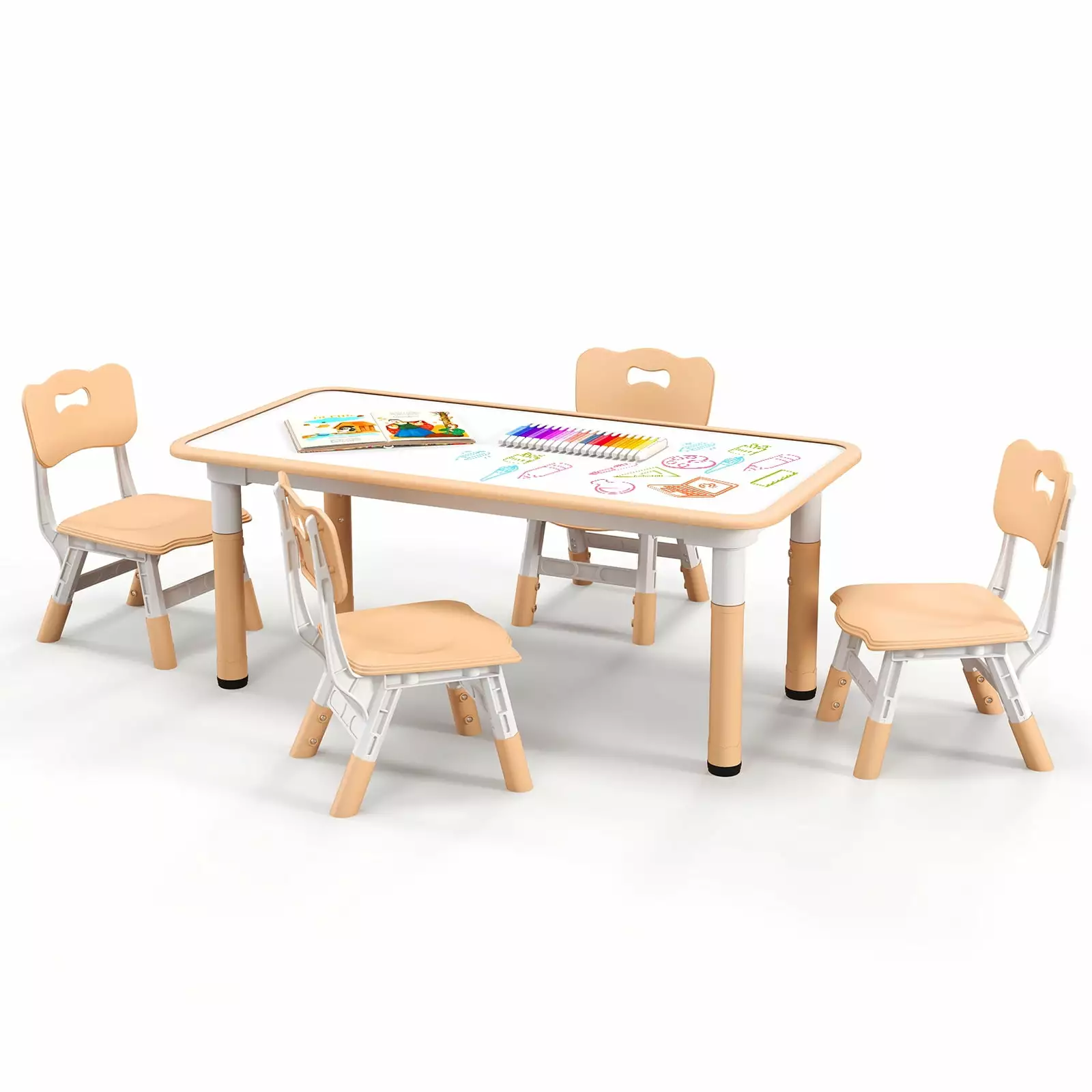 Infans Kids Height Adjustable Table and 4 Chairs Set Graffiti Desktop Natural