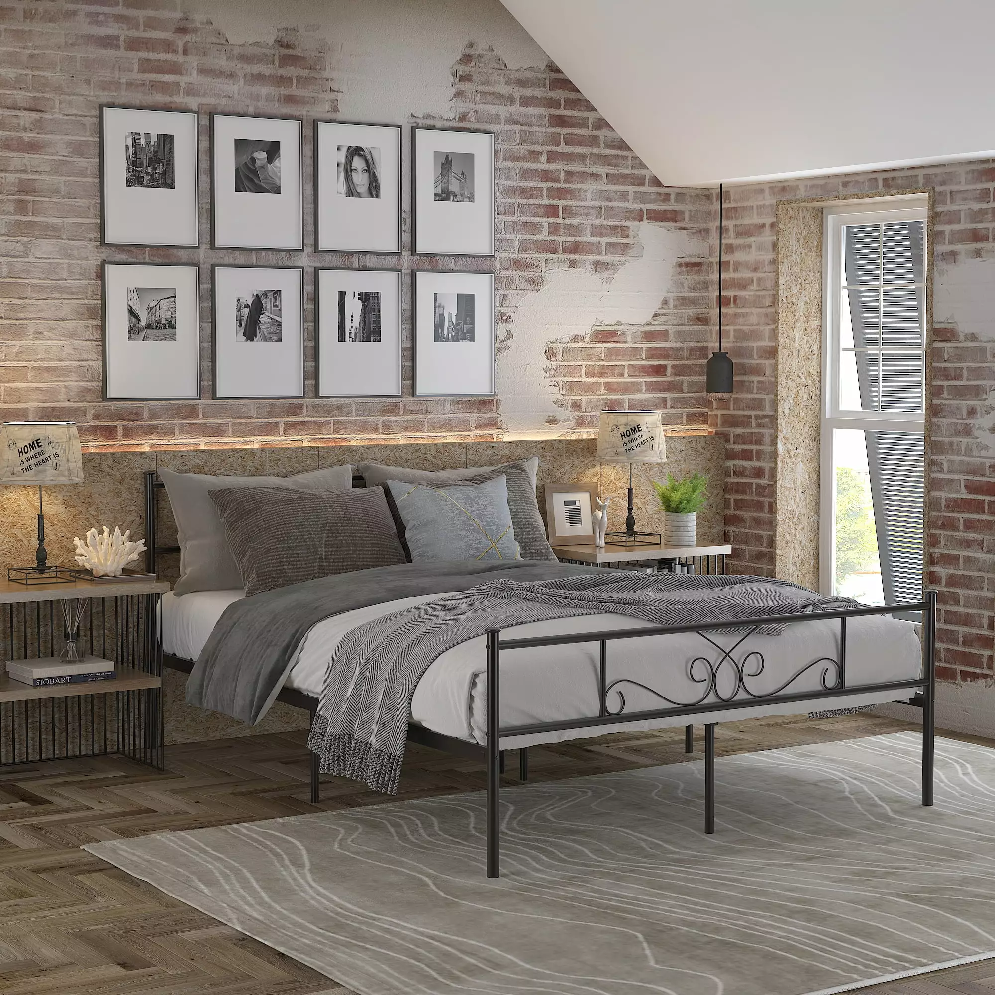 Yoneston Queen Size Metal Bed Bedroom Mattress Platform Foundation Headboard Black