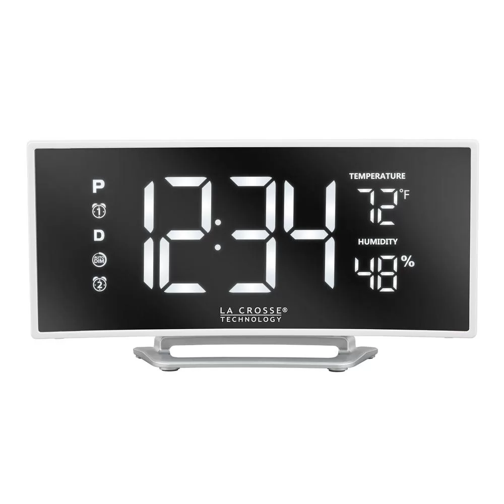 La Crosse Technology Curved Mirror LED Alarm Clock Temperature Humidity USB Port
