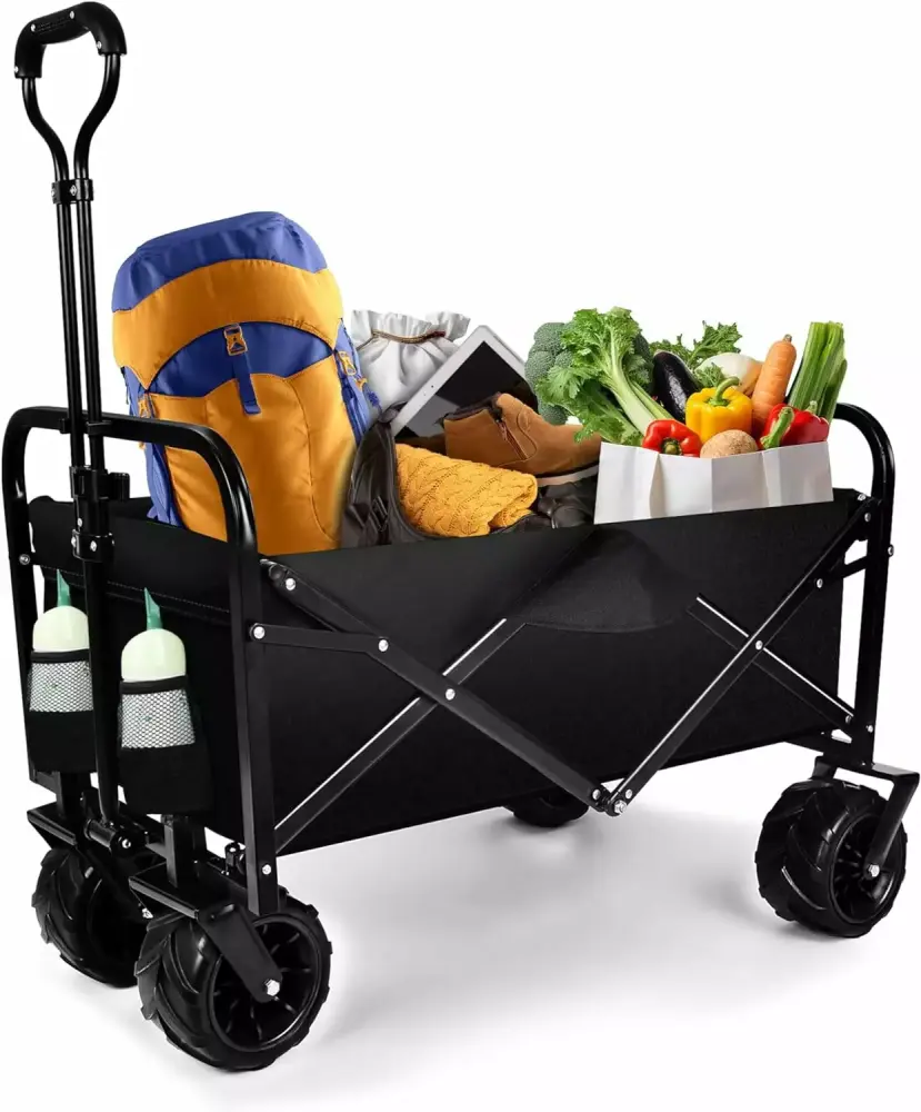 Beach Cart 7 Inch All-Terrain Wheels Heavy Duty Foldable Utility Grocery Wagon Side Pocket Camping Garden Sports