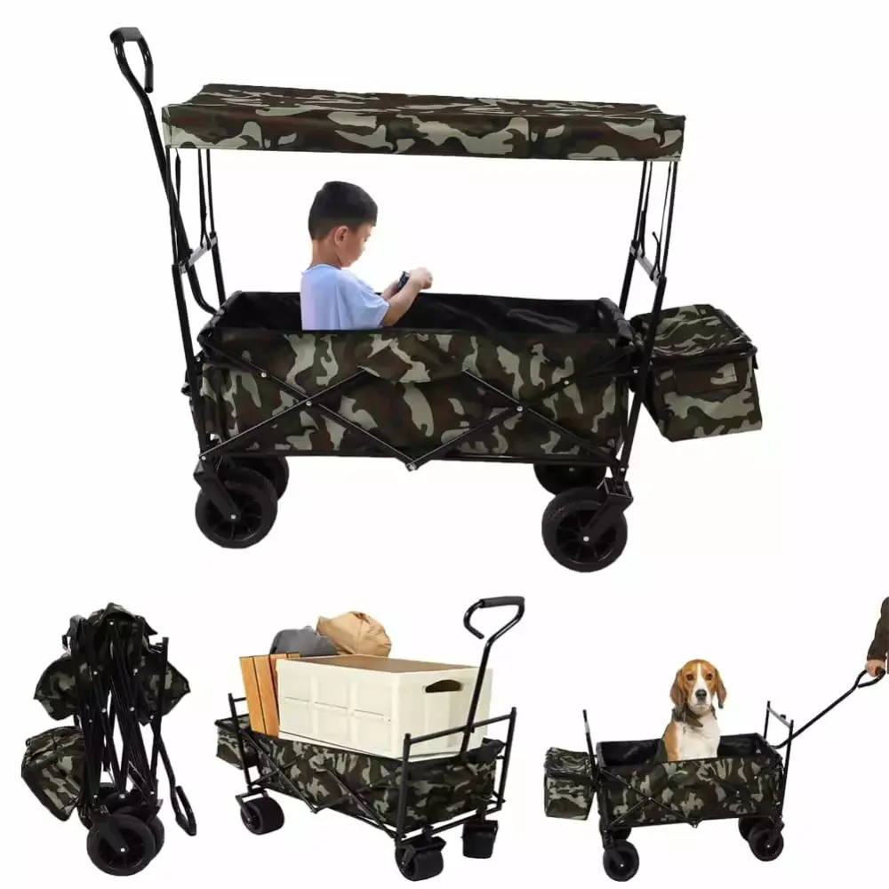 Collapsible Wagon Folding Garden Cart Removable Canopy 270lbs Heavy Duty Foldable Beach Wagon 7 All-Terrain Wheels