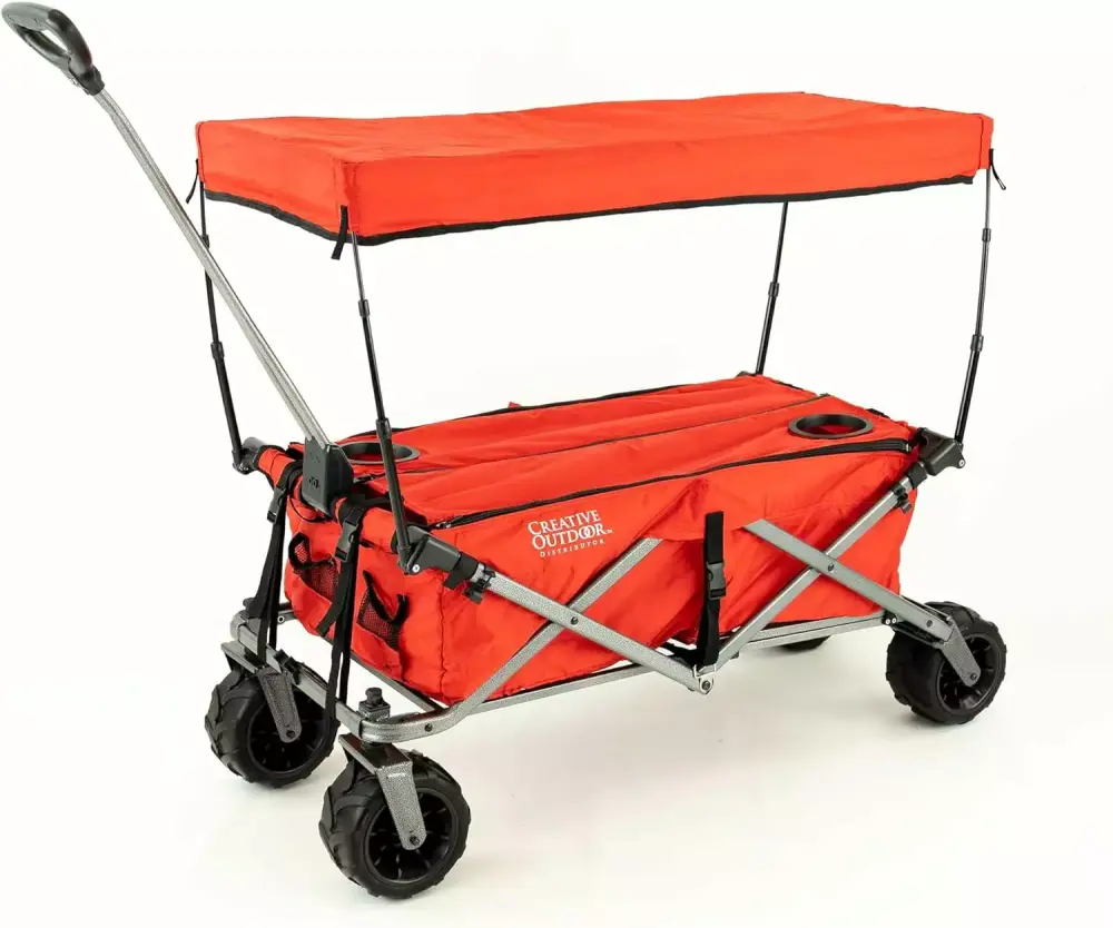 Deluxe All Terrain Folding Wagon Canopy Cargo Rack and Zip Table Top - Red Heavy Duty Utility Cart Outdoor Use