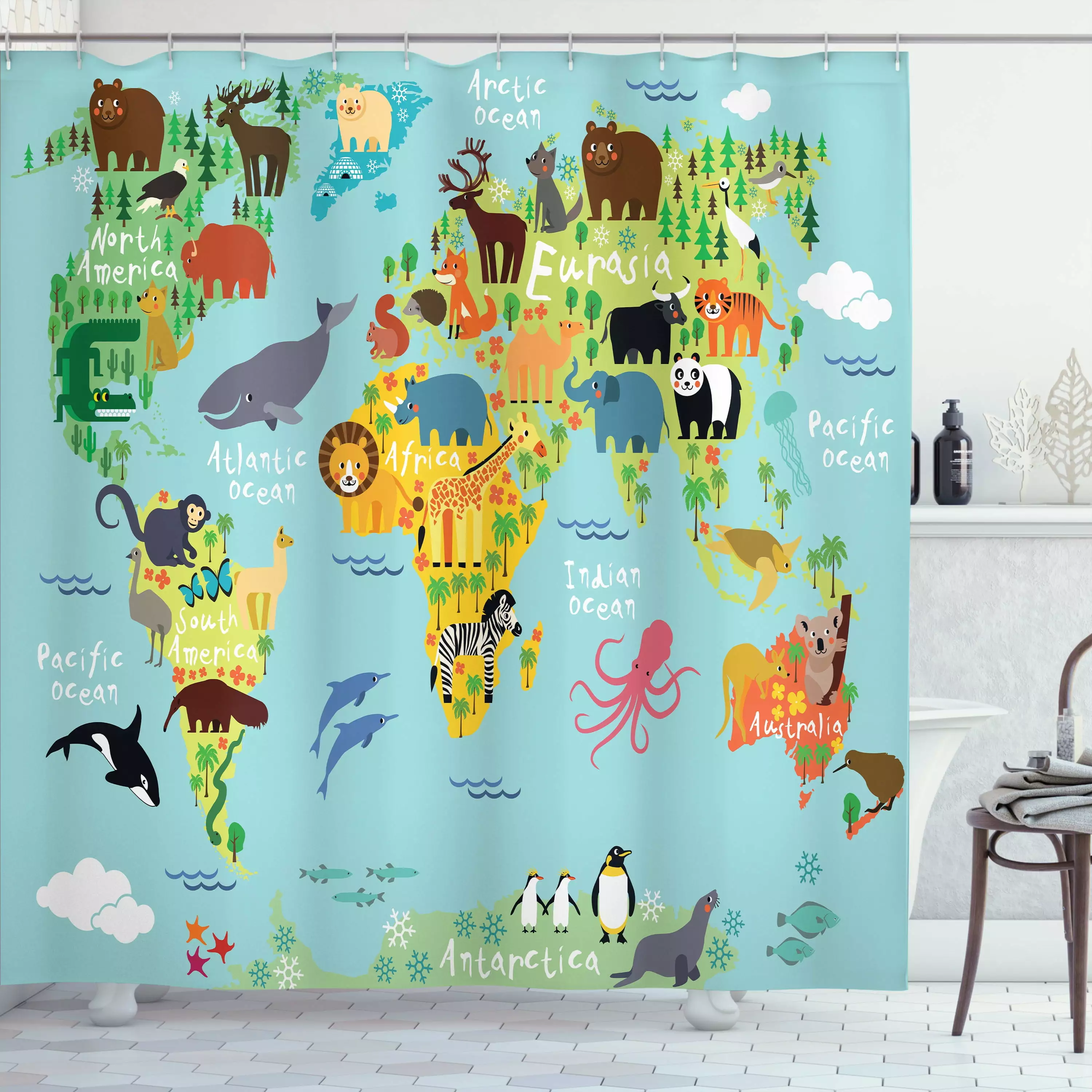 Ambesonne Cartoon Animal Map Shower Curtain World Design Pale Blue Yellow Green Bathroom Decor