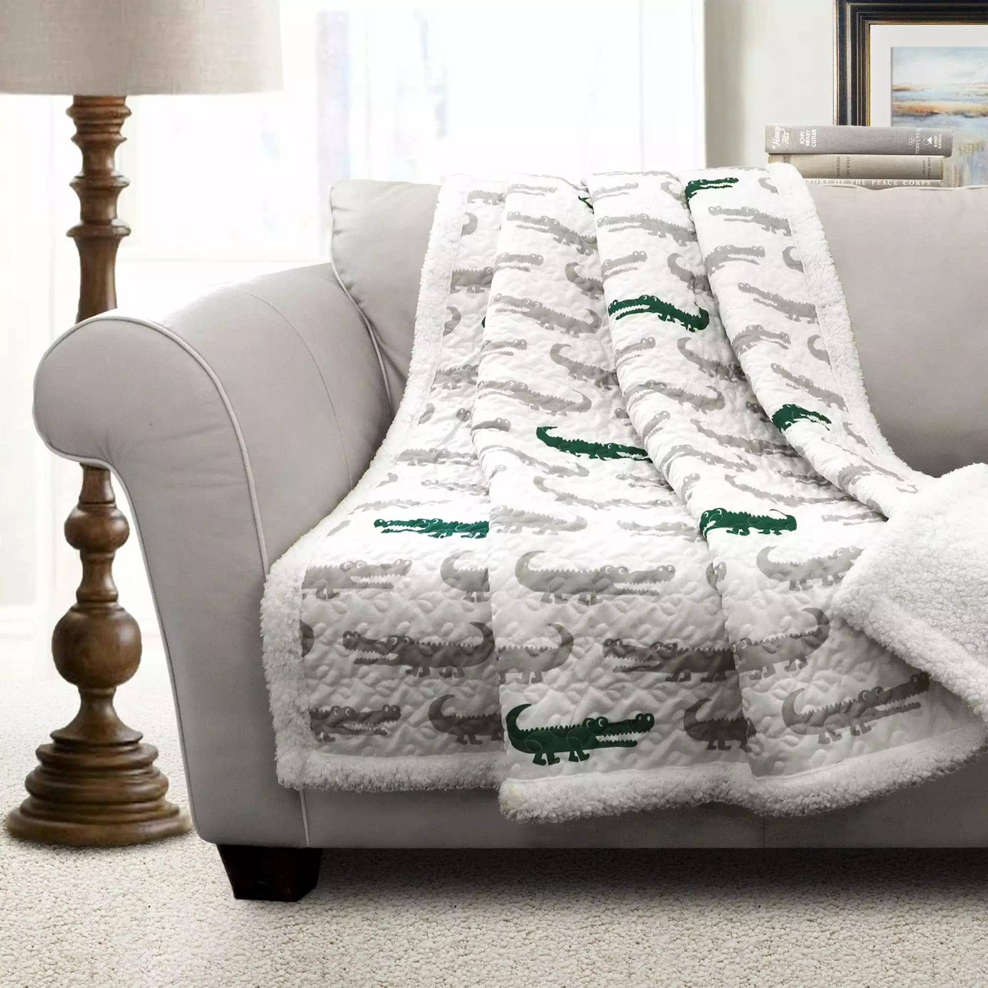 Lush Decor Alligator Kids Sherpa Reverse Throw Blanket 60x50 Gray Green