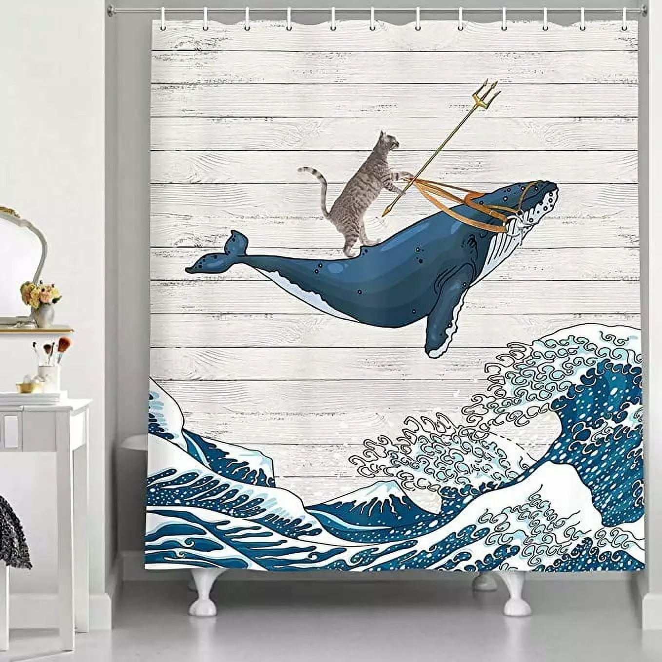 Funny Cat Whale Shower Curtain Cool Cat Riding Whale Japan Kanagawa Waves Rustic Wooden Design 70X70IN Veigike