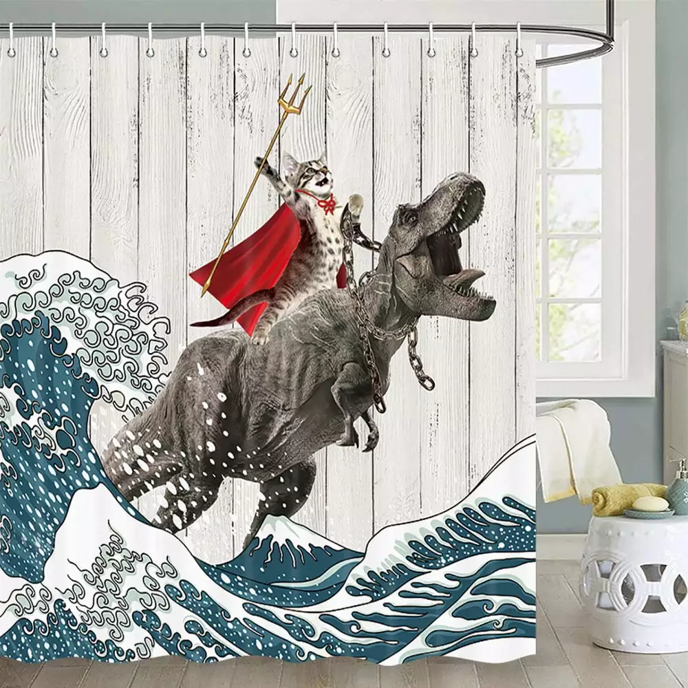 Funny Cat Shower Curtain Cool Cat Dinosaur Japanese Ocean Wave Decor Fabric Bathroom Curtains Kids Children Rustic Wooden ...