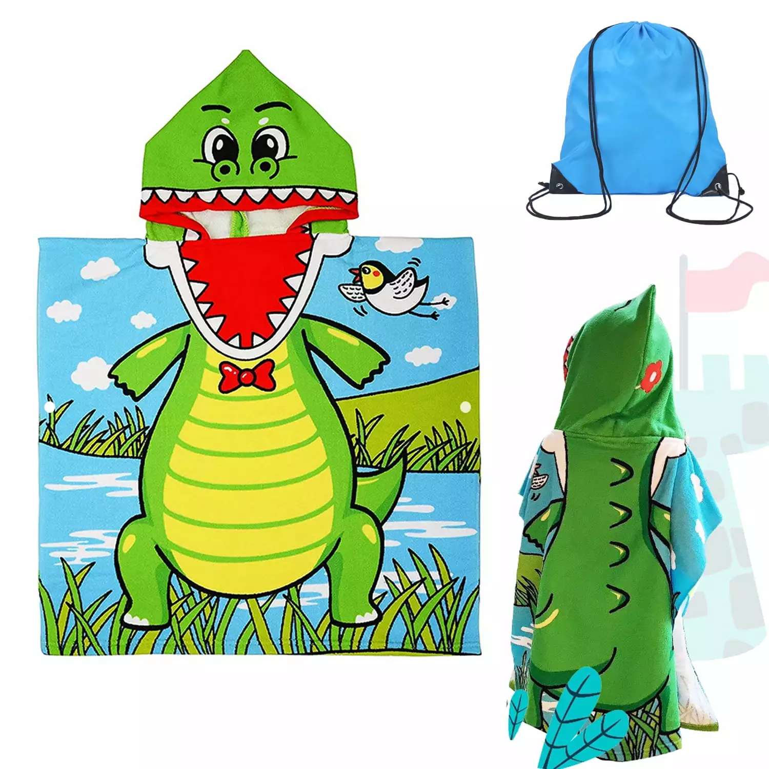 Alligator Hooded Beach Towel Poncho Kids 1-6 Years - Soft Cotton Bath & Swim Towel Sytle-Carry