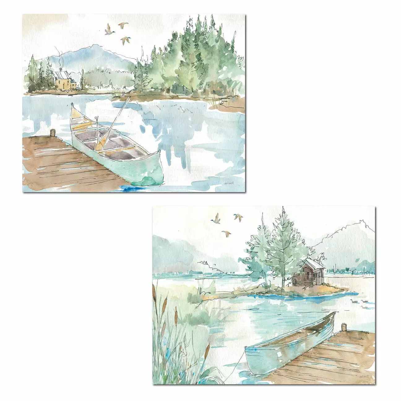 Gango Home Decor Blue and Brown Watercolor Lake Landscape Unframed Prints Set 2 14x11 Inches