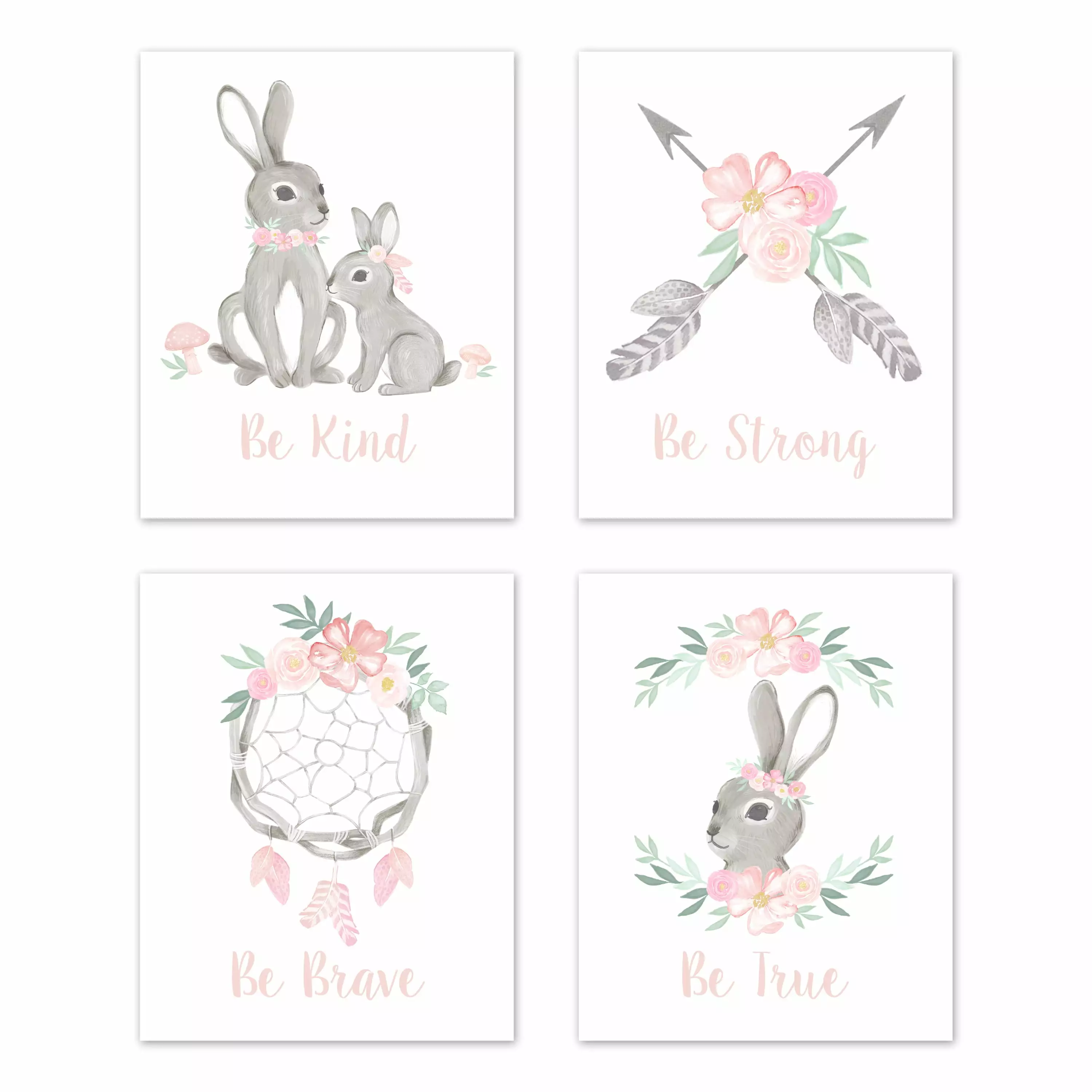Bunny Floral Gatherion Wall Art Prints Set 4 Spring Home Decor Sweet Jojo Designs