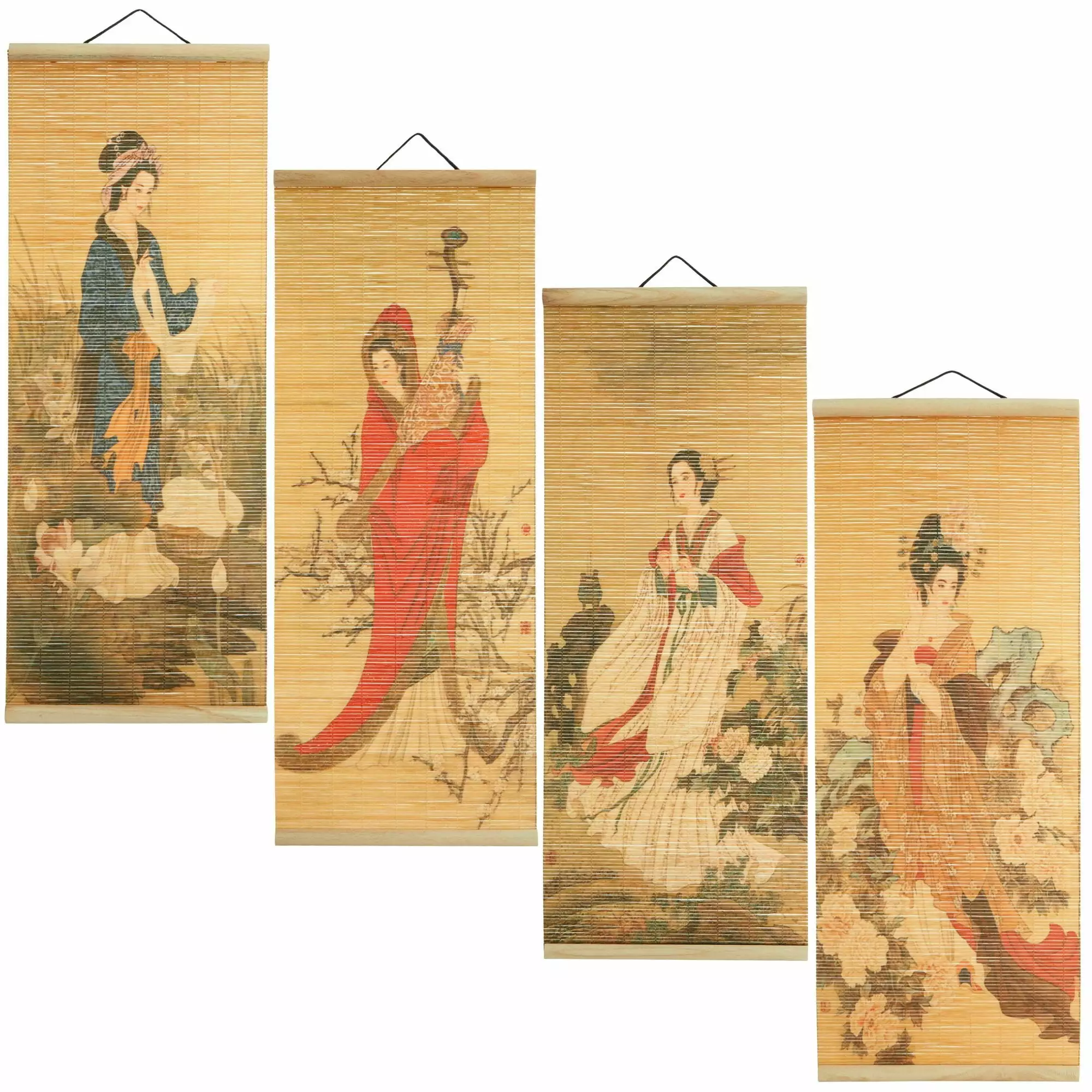 Asian Wall Decor 4 Pack Hanging Bamboo Scrolls Chinese Paintings 10x26 Juvale