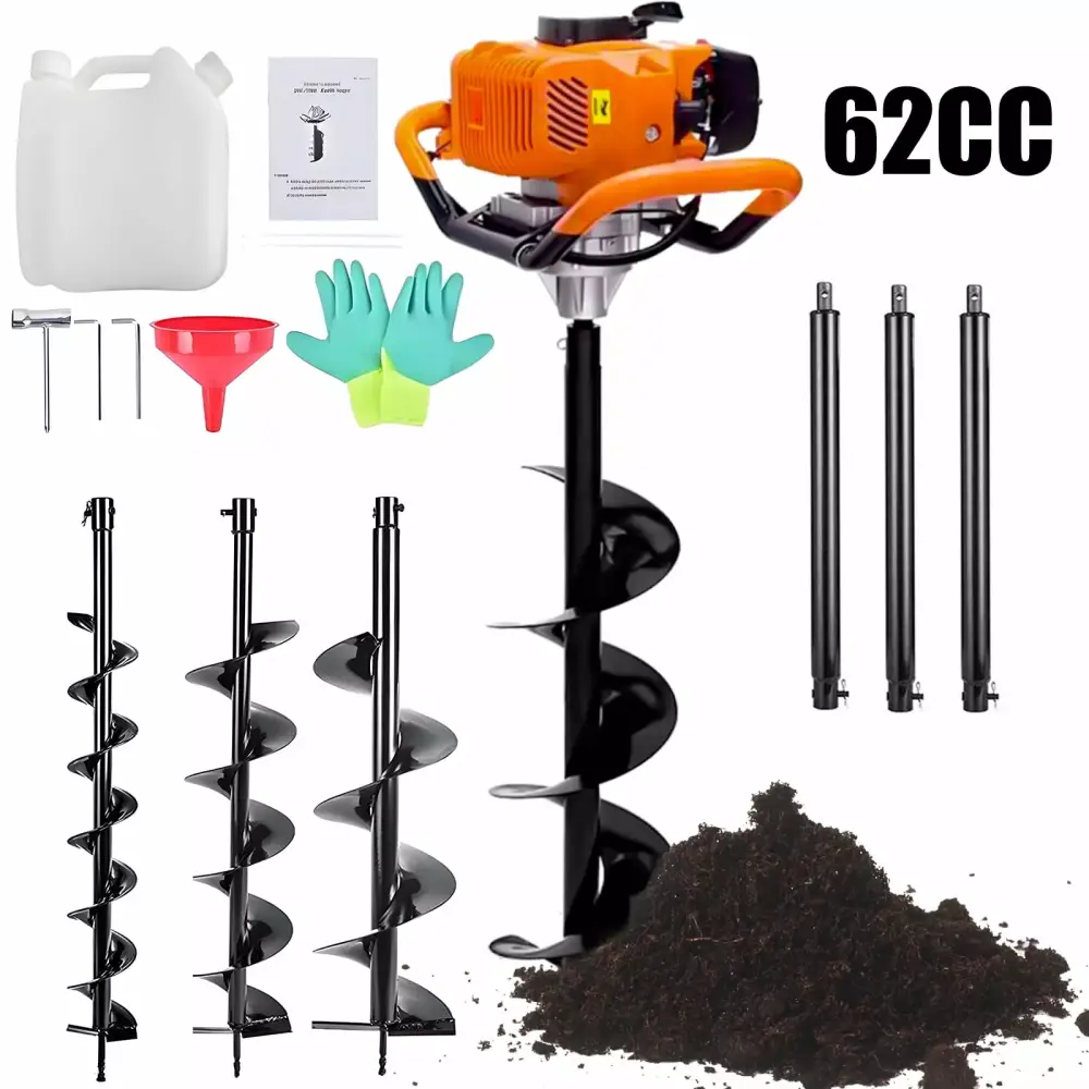 PRIJESSE 62cc 2.1KW Post Hole Digger Gas Powered Earth Digger 3 Extension Rods and 3 Auger Drill Bits 3 5 8 62cc2bits6102r...