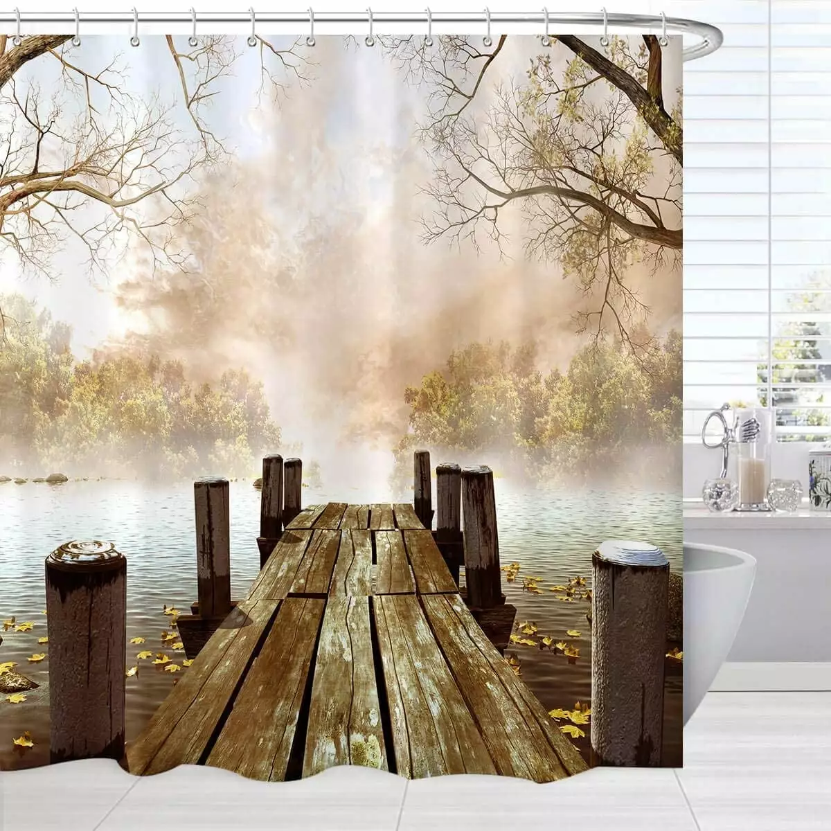 AYUQI Autumn Shower Curtain Old Wooden Jetty on Lake Fallen Leaves Foggy Forest Cloth Fabric Bathroom Decor 72Wx72L Brown ...