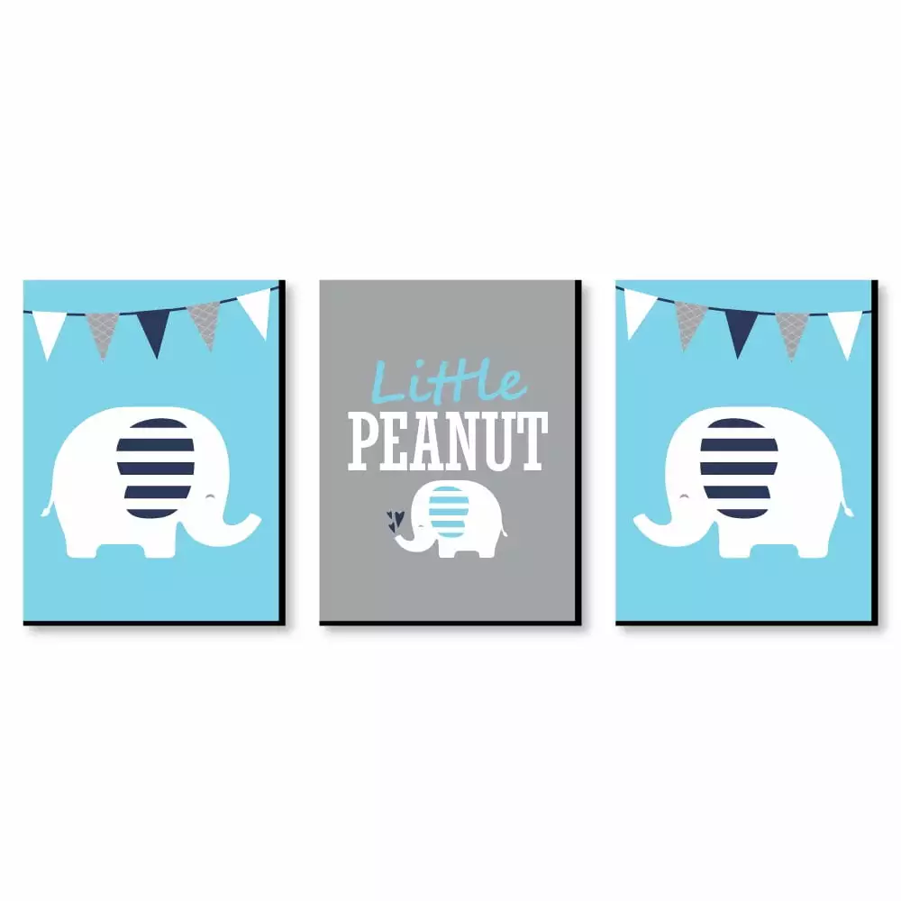 Big Dot Happiness Blue Elephant Baby Boy Nursery Wall Art Set 3 Prints 7.5x10