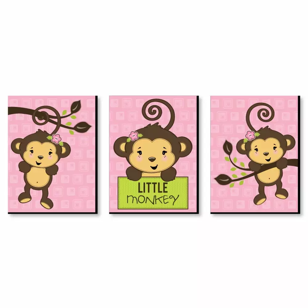 Big Dot Happiness Pink Monkey Girl Baby Girl Nursery Wall Art Set 3 Prints 7.5x10