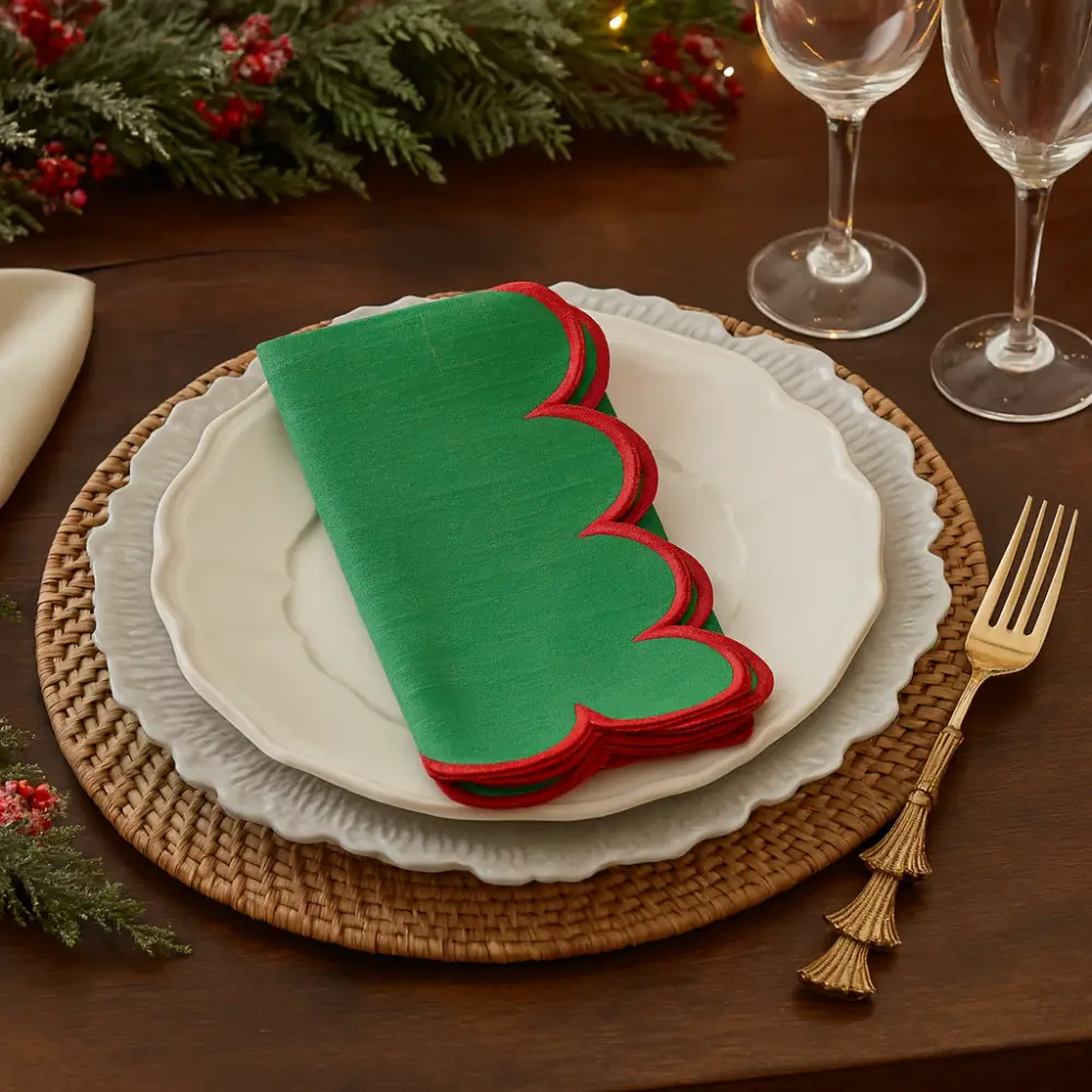 Cherry Scalloped Green Cotton 20" Dinner Napkin - Set 4