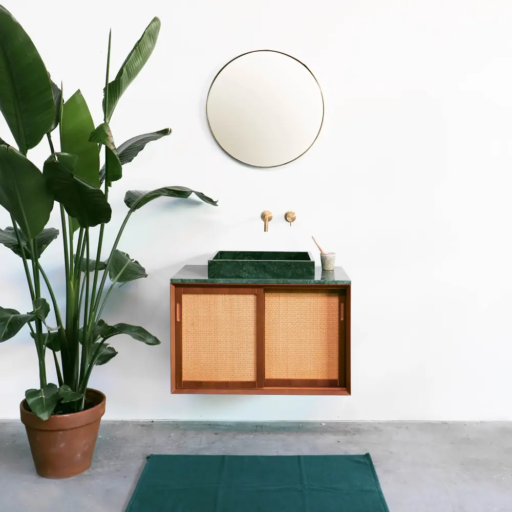 Vintage bathroom furniture - Green Marble Washbasin - Teak - Rattan (80 cm) - Nestor