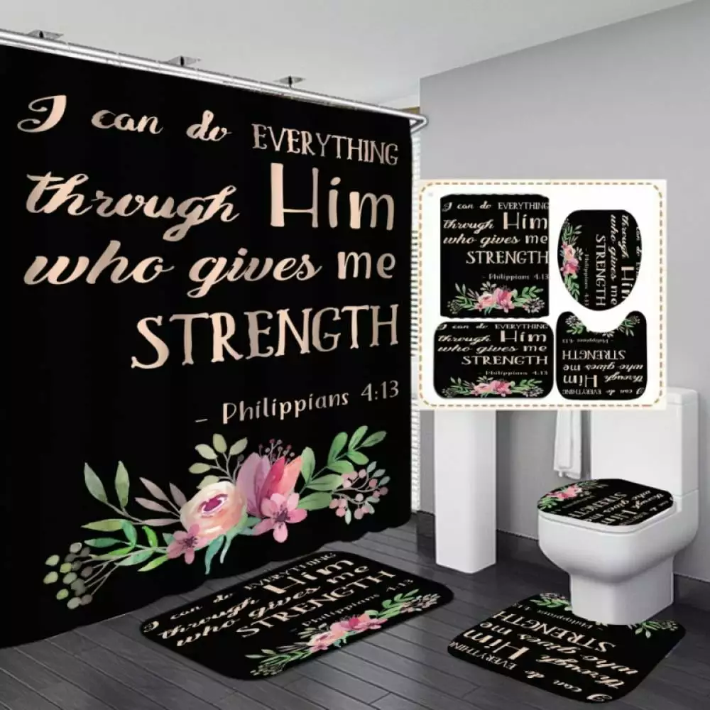 Colorful Word Letters Print 4 Piece Bathroom Mat Set Hook Non-Slip Floral Shower Curtain and Rugs Kids Eleanos