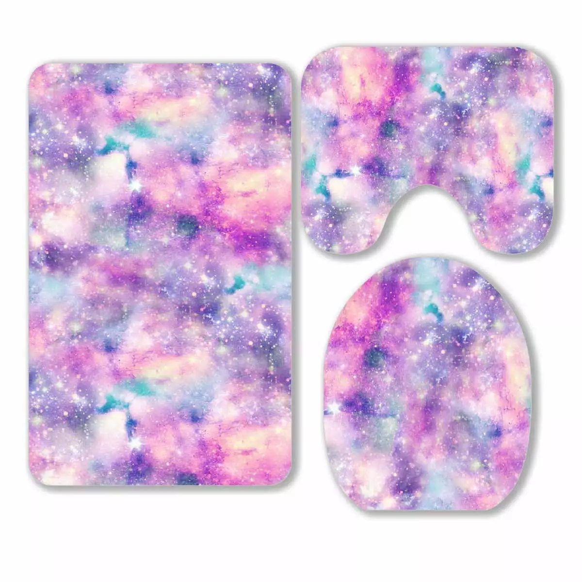 PKQWTM Starry Galaxy Print Unicorn Colors 3 Piece Bathroom Rugs Set Bath Rug Contour Mat and Toilet Lid Cover