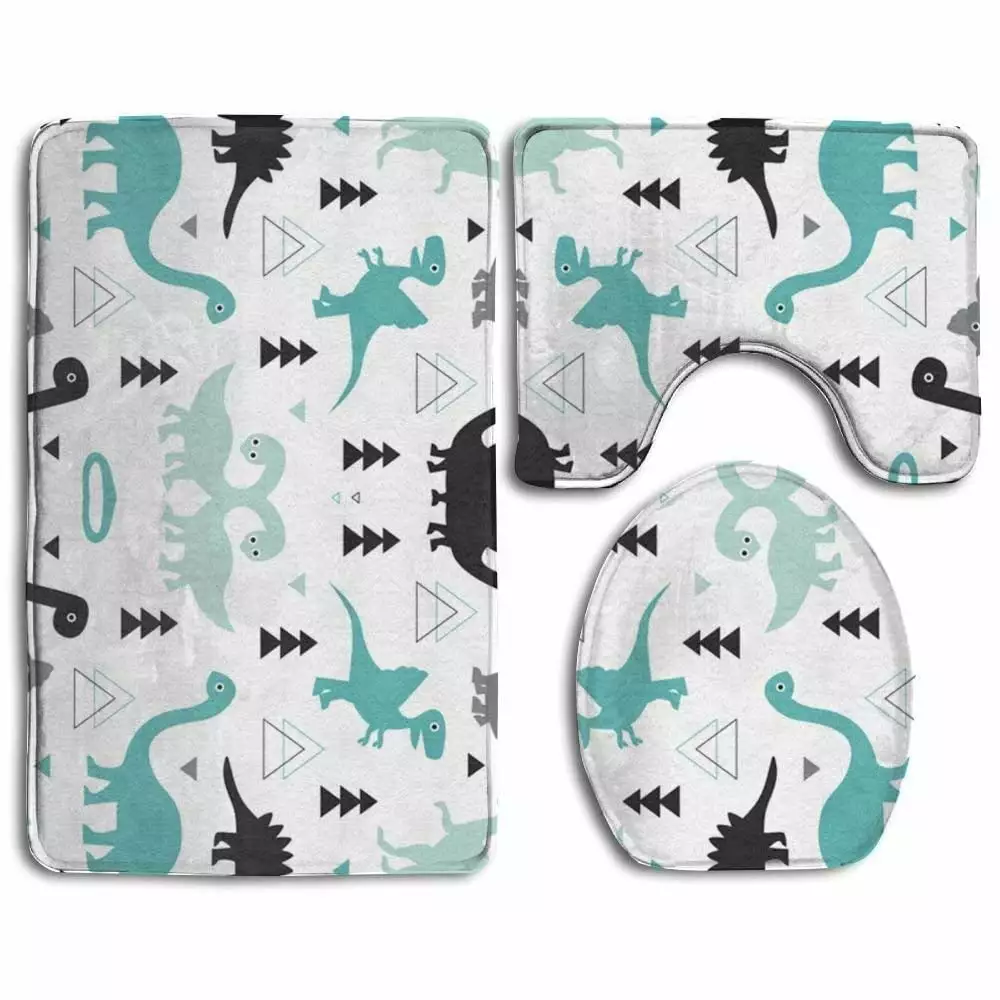 Adorable Dinosaur Boys 3 Piece Bathroom Rugs Set Bath Rug Contour Mat and Toilet Lid Cover PUDMAD