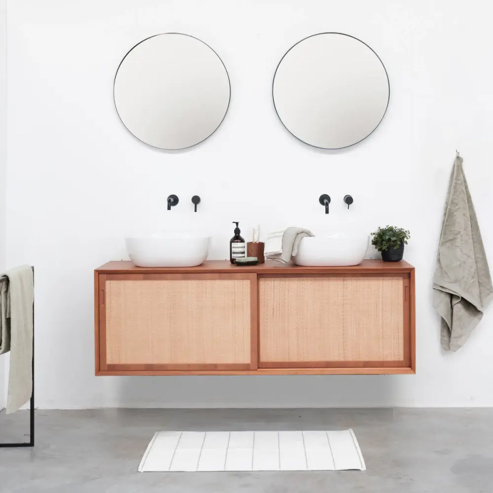 Vintage Bathroom Furniture - Washbasin Alexis 5 -Teak/Rattan (150 cm) - Nestor - Without Top