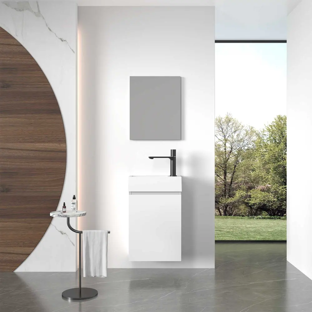 16" Wall Mount Single Bathroom Vanity White White Integrated Sink and Mirror