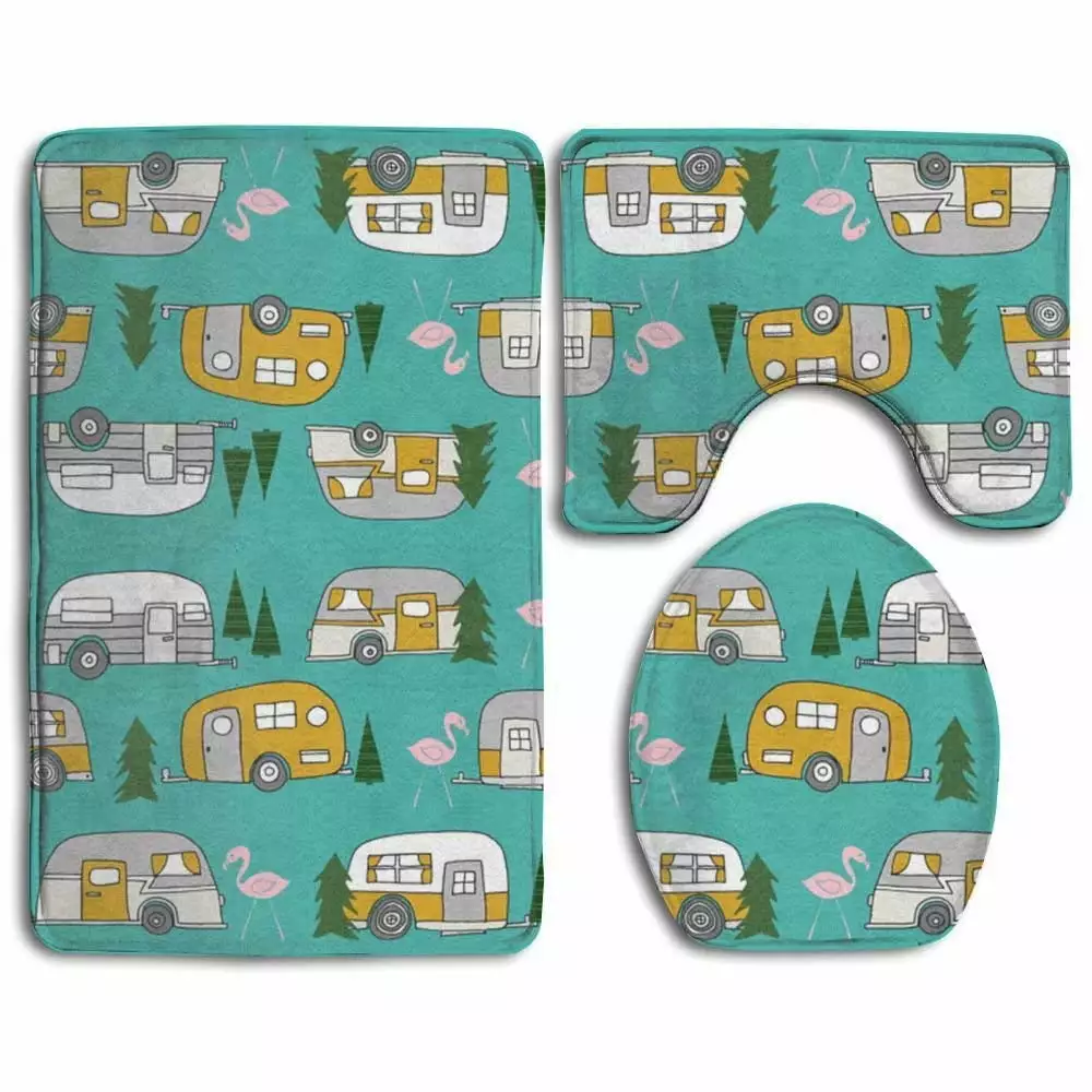 PUDMAD Small Scale Happy Camper 3 Piece Bathroom Rugs Set Contour Mat and Toilet Lid Cover