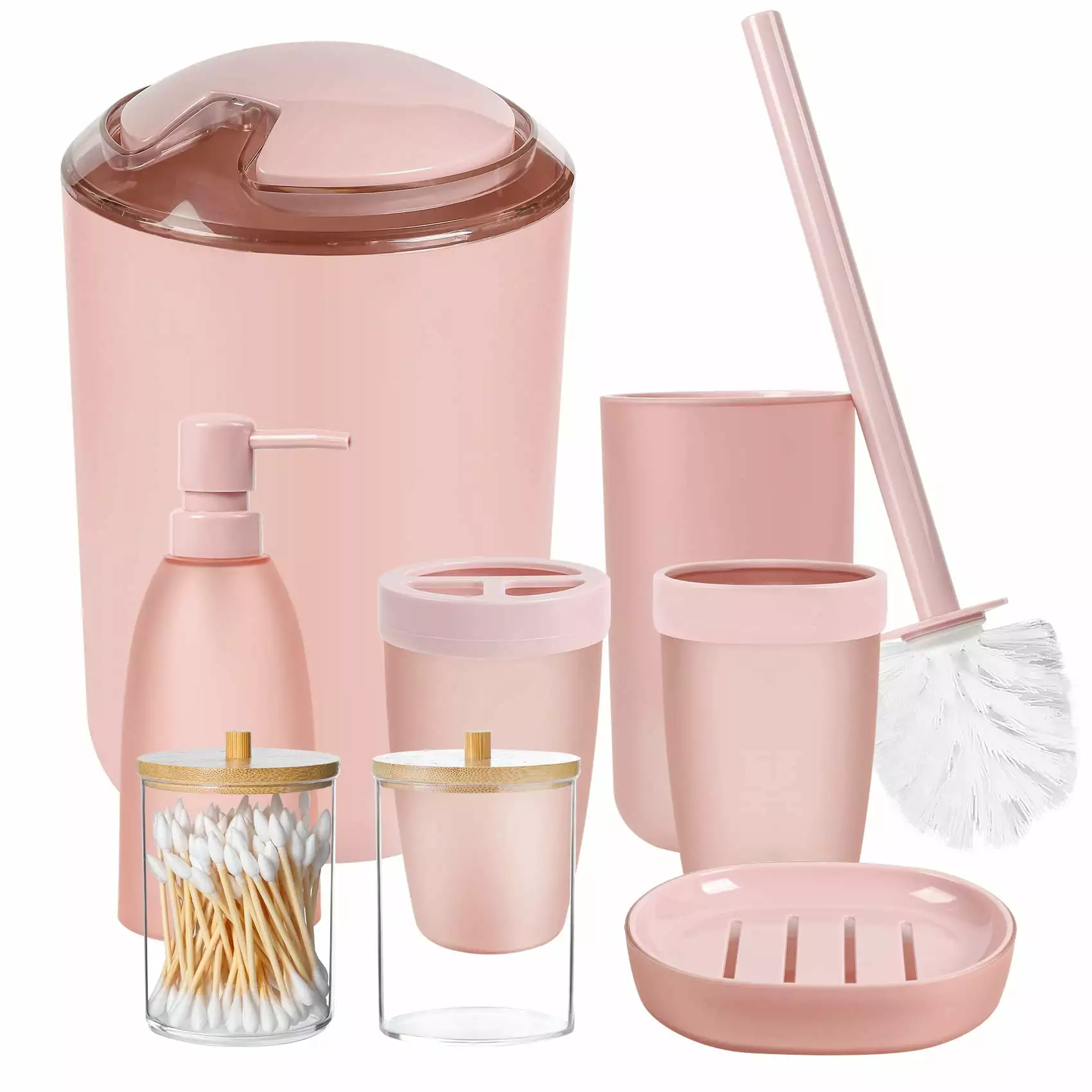 8 Piece Pink Bathroom Accessories Set Toilet Brush Toothbrush Holder and Trash Can NOBRAND