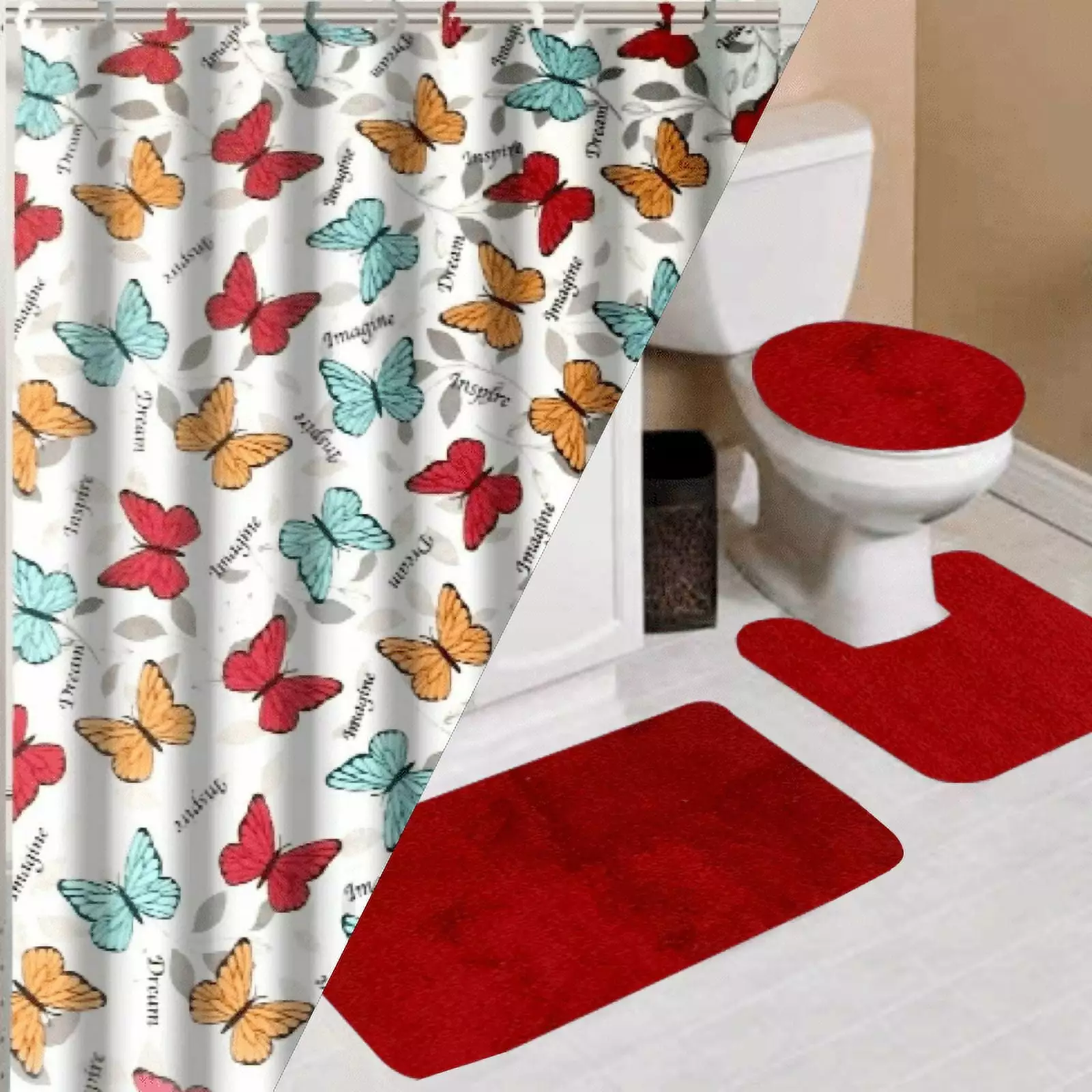 16PC Butterfly Red Complete Bathroom Set - Mat Shower Curtain Hooks Modern Home Decor SAMIMPORT-2011