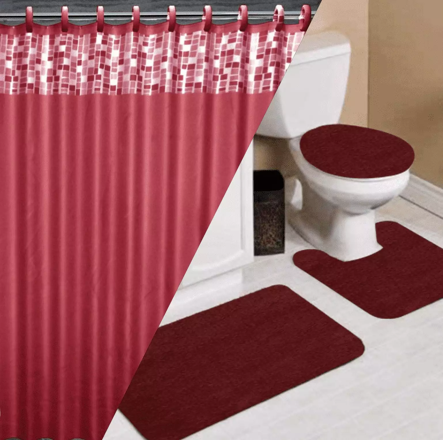 16PC Mosaic Burgundy Complete Bathroom Set - Mat Shower Curtain Hooks Modern Home Decor SAMIMPORT-2011
