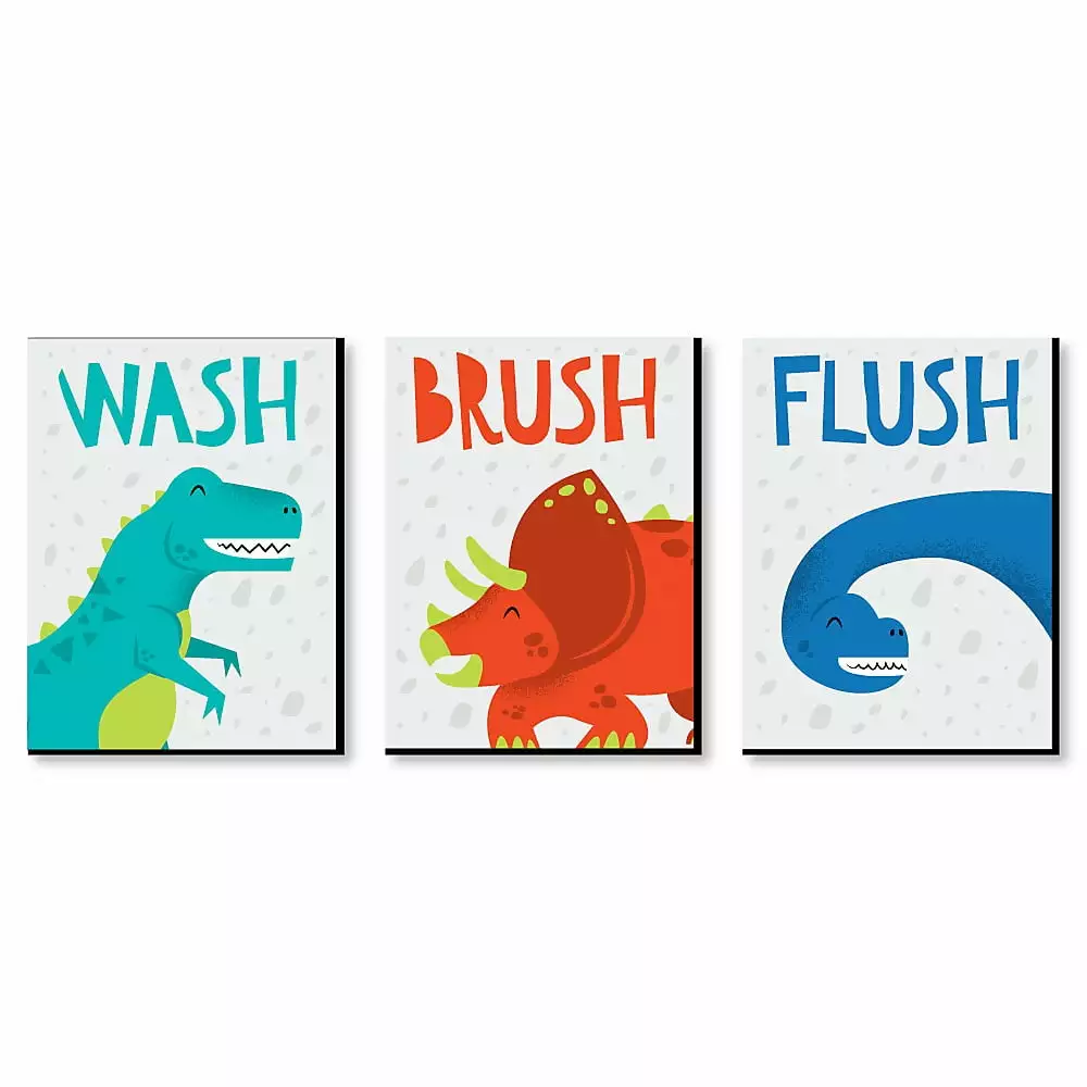 Big Dot Happiness Roar Dinosaur T-Rex Kids Bathroom Rules Wall Art Set 3 Signs 7.5x10