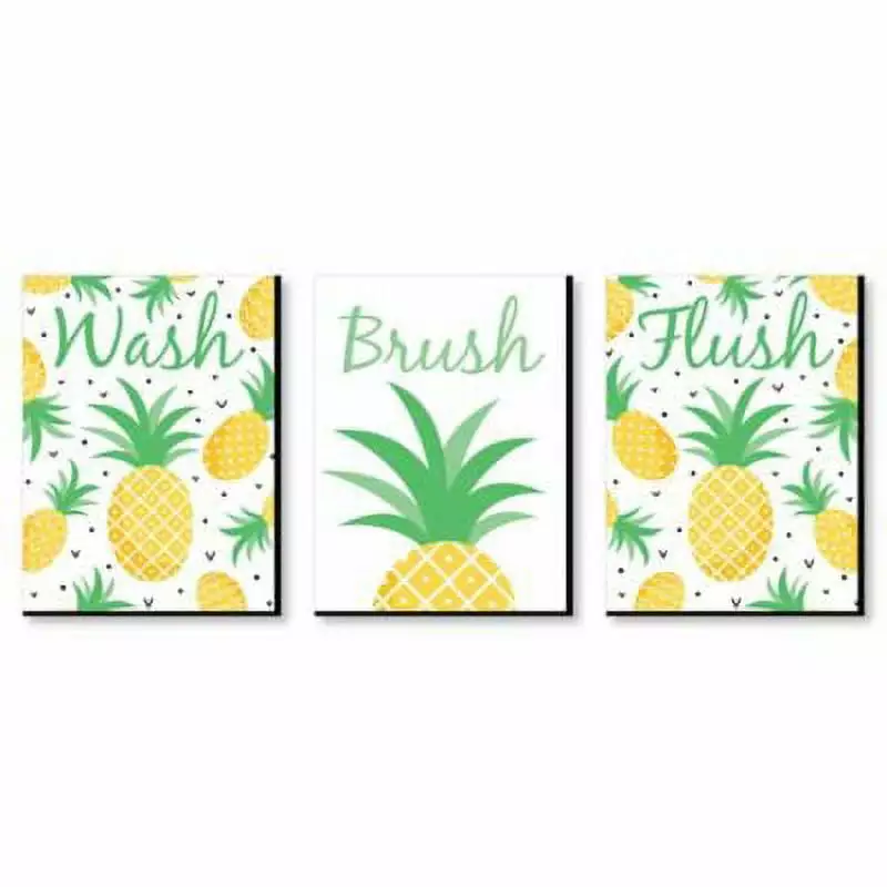 Big Dot Happiness Tropical Pineapple Kids Bathroom Rules Wall Art Set 3 Signs 7.5x10