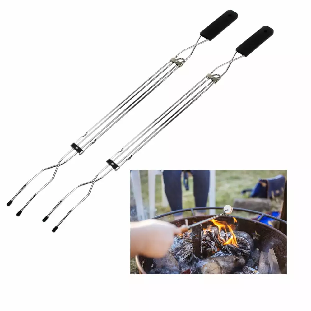 2Pc Extendable Long Fork Marshmallow BBQ Hot Dog Campfire Cutlery Telescopic 31 Inch Chef Craft
