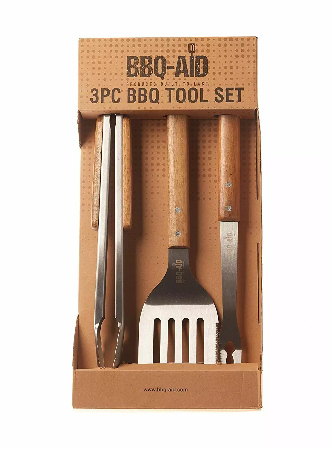 BBQ-AID 3 Piece Grill Set Heavy Duty Stainless Steel Barbecue Tools Wood Handles
