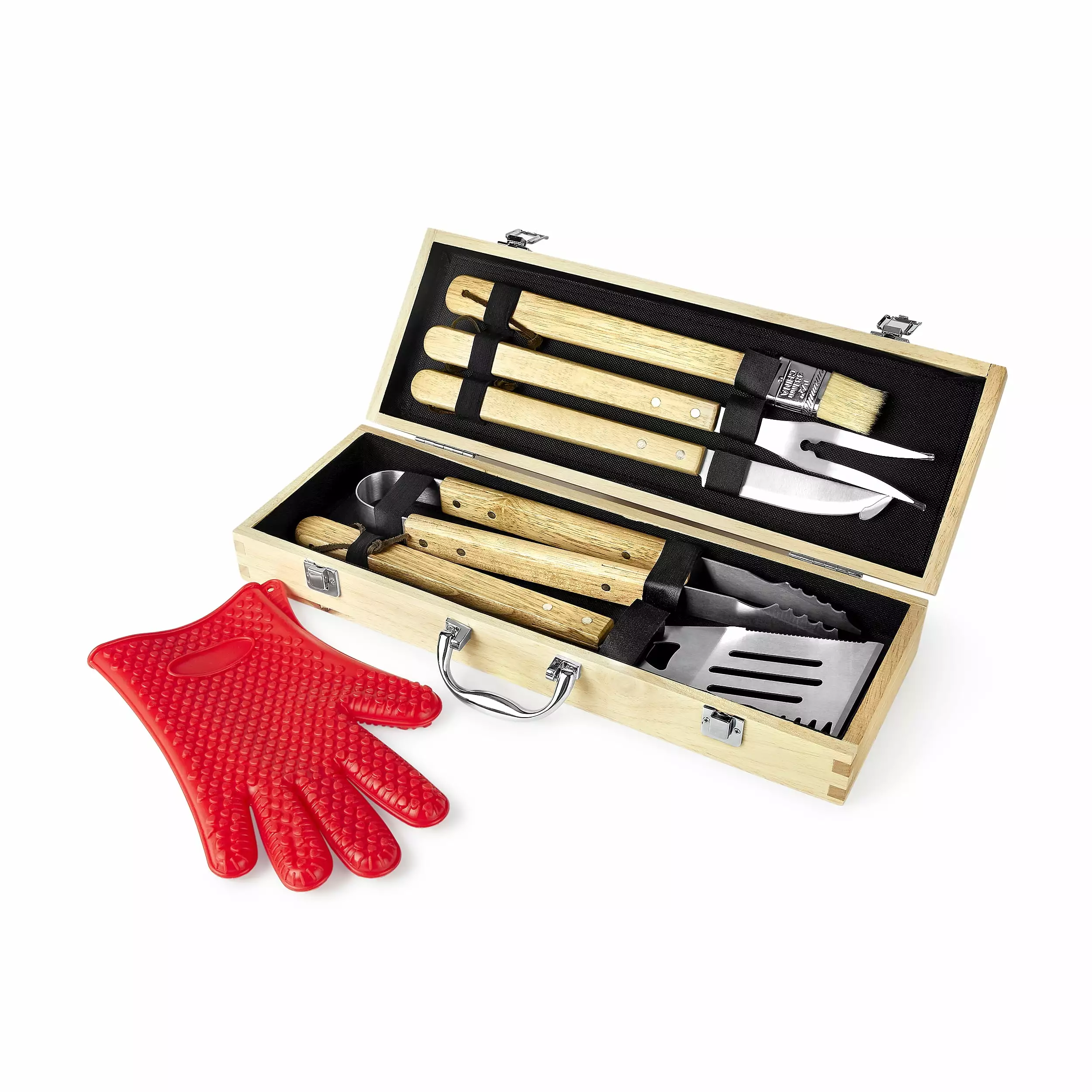 MakerFlo BBQ Grill Tools Set Maple Wood Travel Case 11 Piece Set