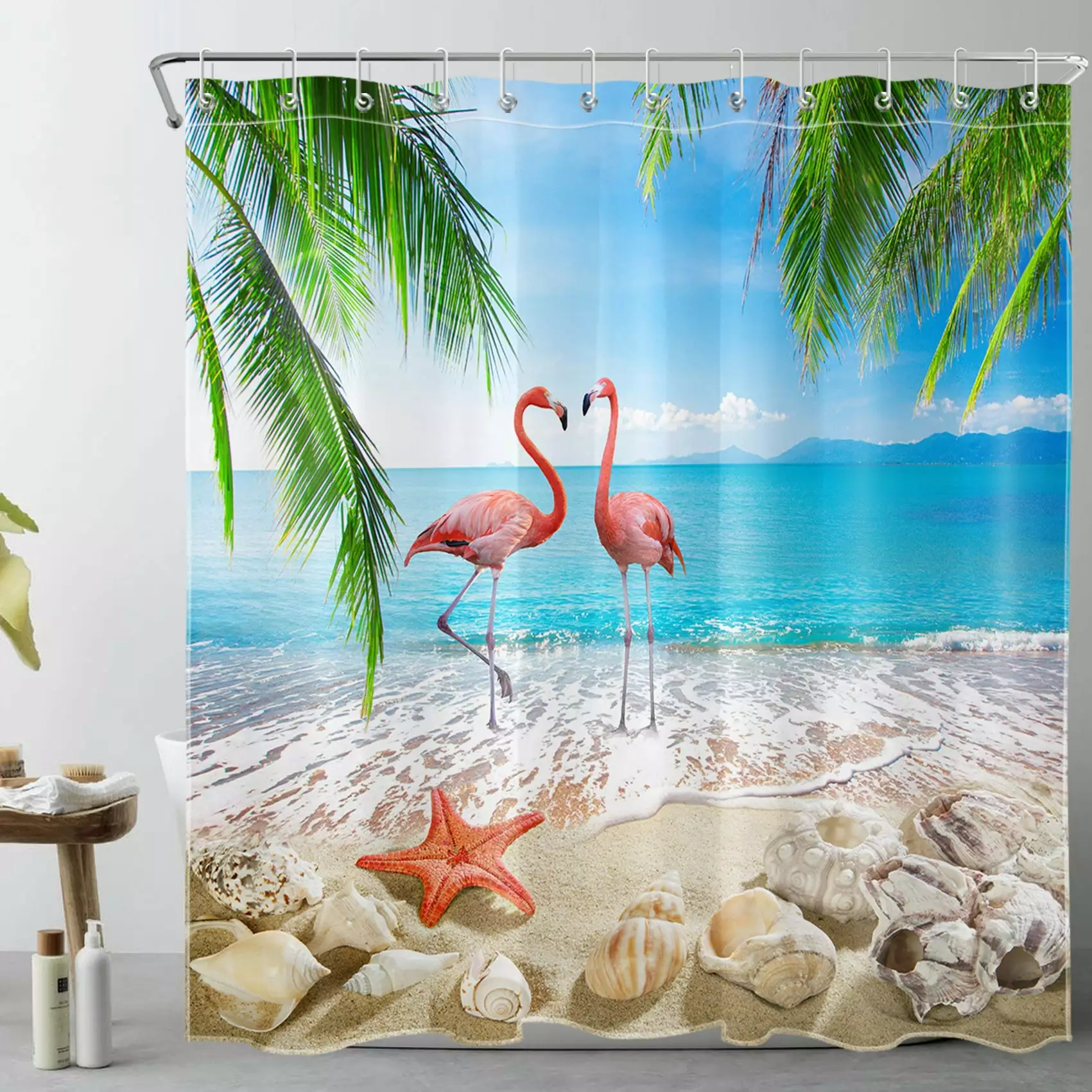 Summer Ocean Beach Shower Curtain 72x78 Inch Funny Pink Flamingo and Starfish Tropical Palm Leaf Bathroom Decor HVEST