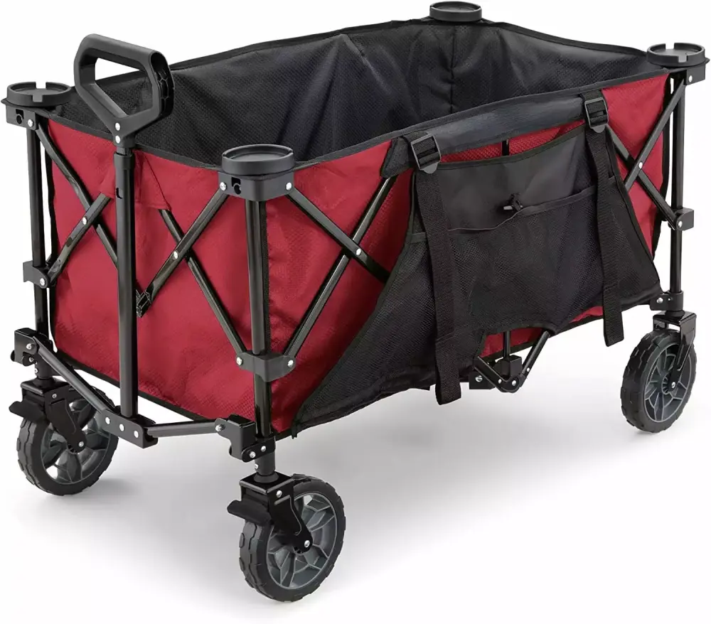 7 Cubic Feet Foldable Collapsible All Terrain Utility Pull Beach Wagon Oversized Bed and Cup Holders Red