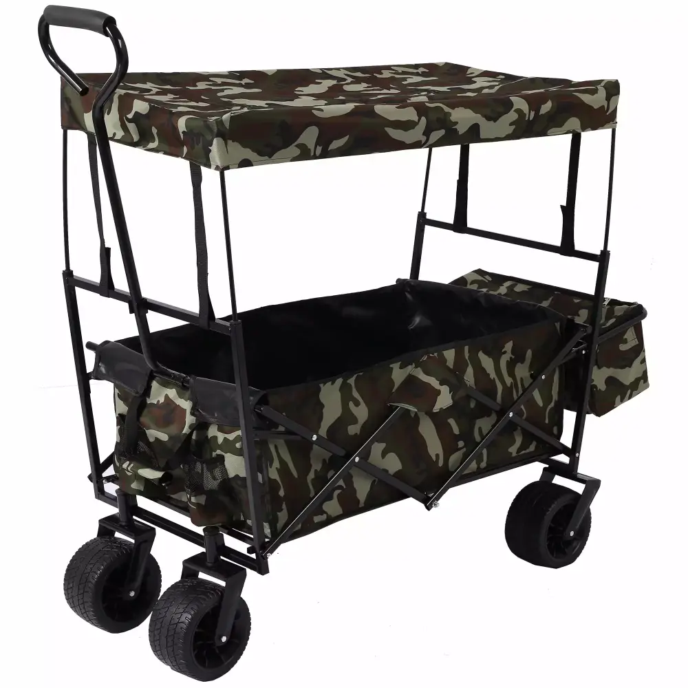 Outdoor Garden Wagon Canopy and Pockets - Foldable Beach Trolley Cart 7 Wheels 262LBS Capacity