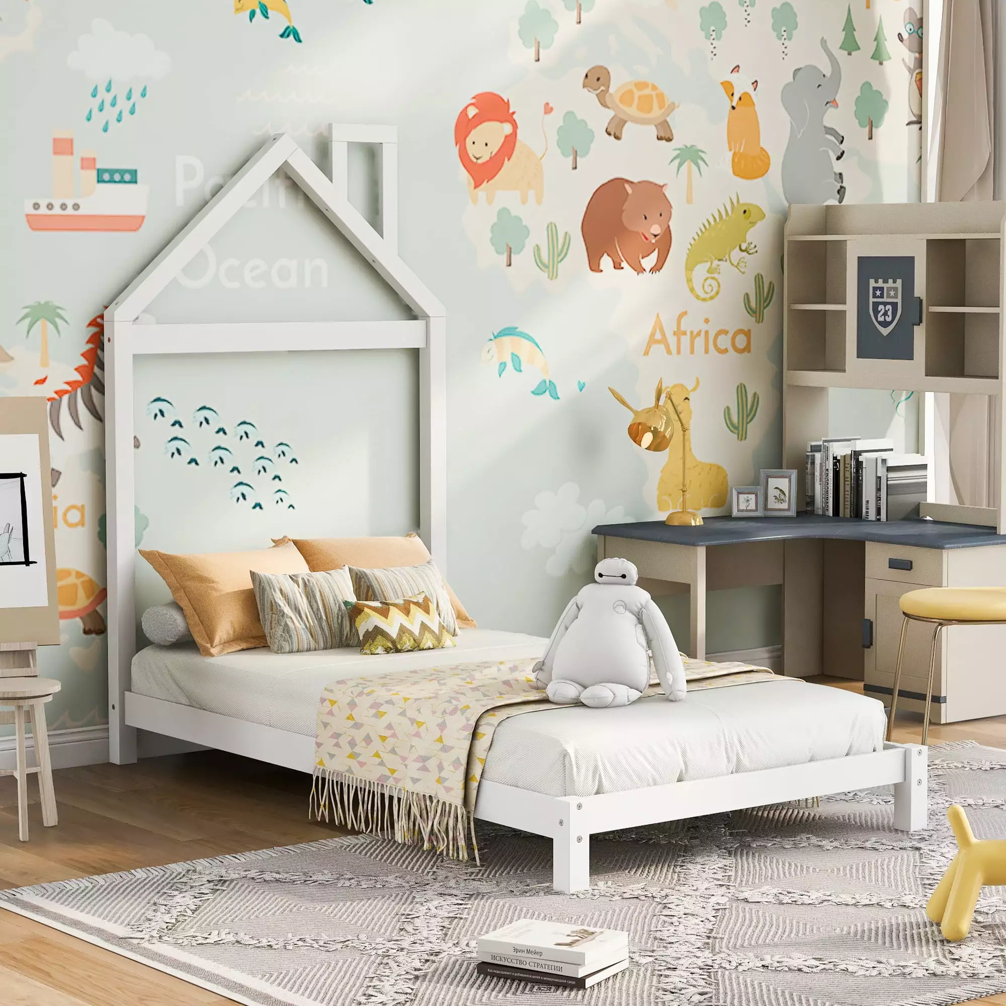 iRerts Wood Twin Platform Bed Twin Size Bed Frame Kids Toddlers Boys Girls Twin Bed Frame House Shaped Headboard Twin Size...