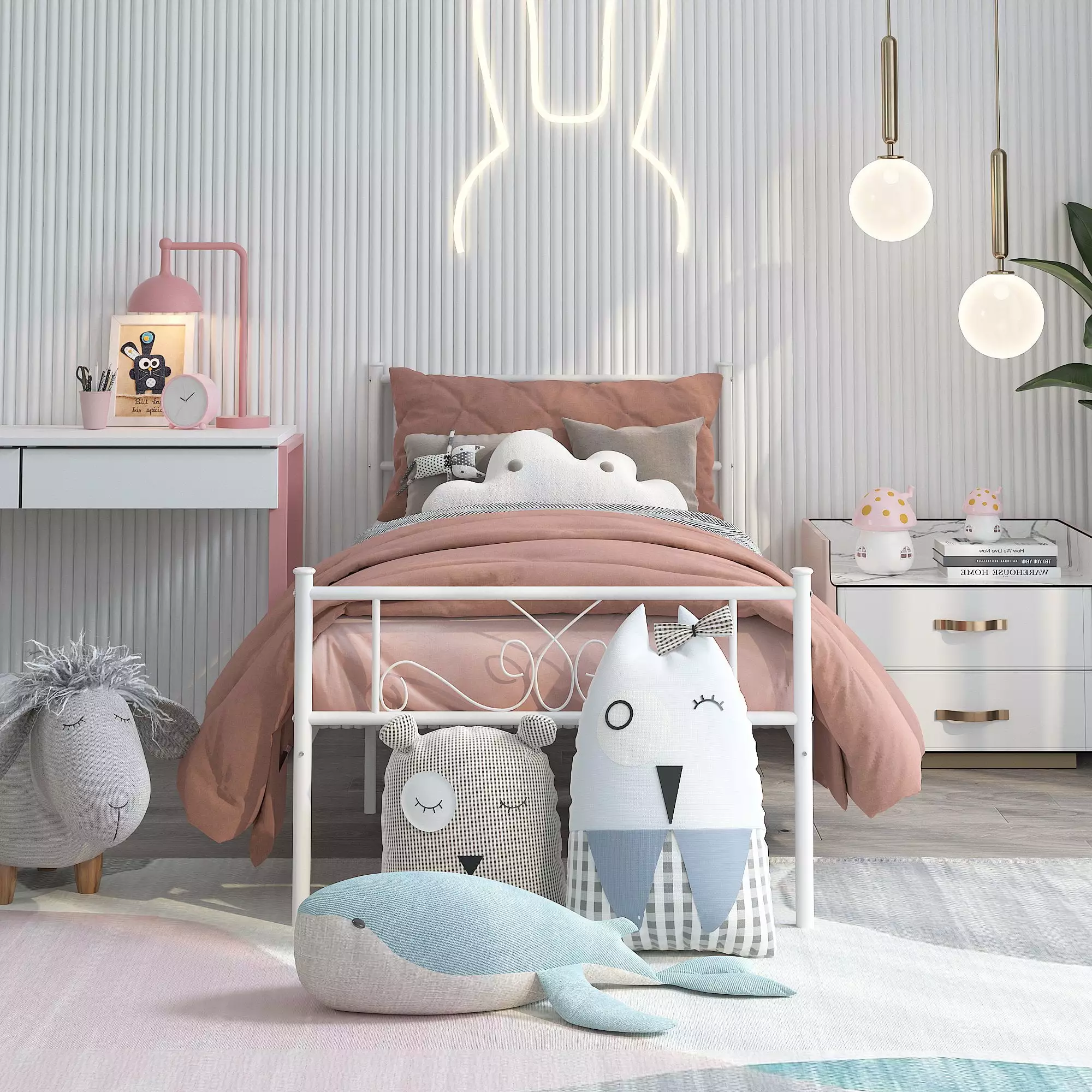 WeeHom Twin Size Bed Frame Boys Girls Kids Headboard and Footboard White Platform Mattress Foundation