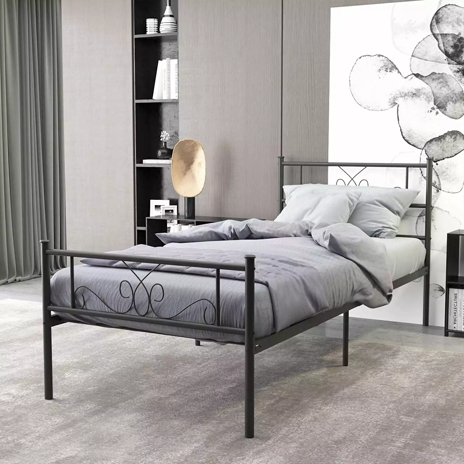 WeeHom Twin Size Metal Bed Frame Kids Boys Girls Headboard Black Platform Bed