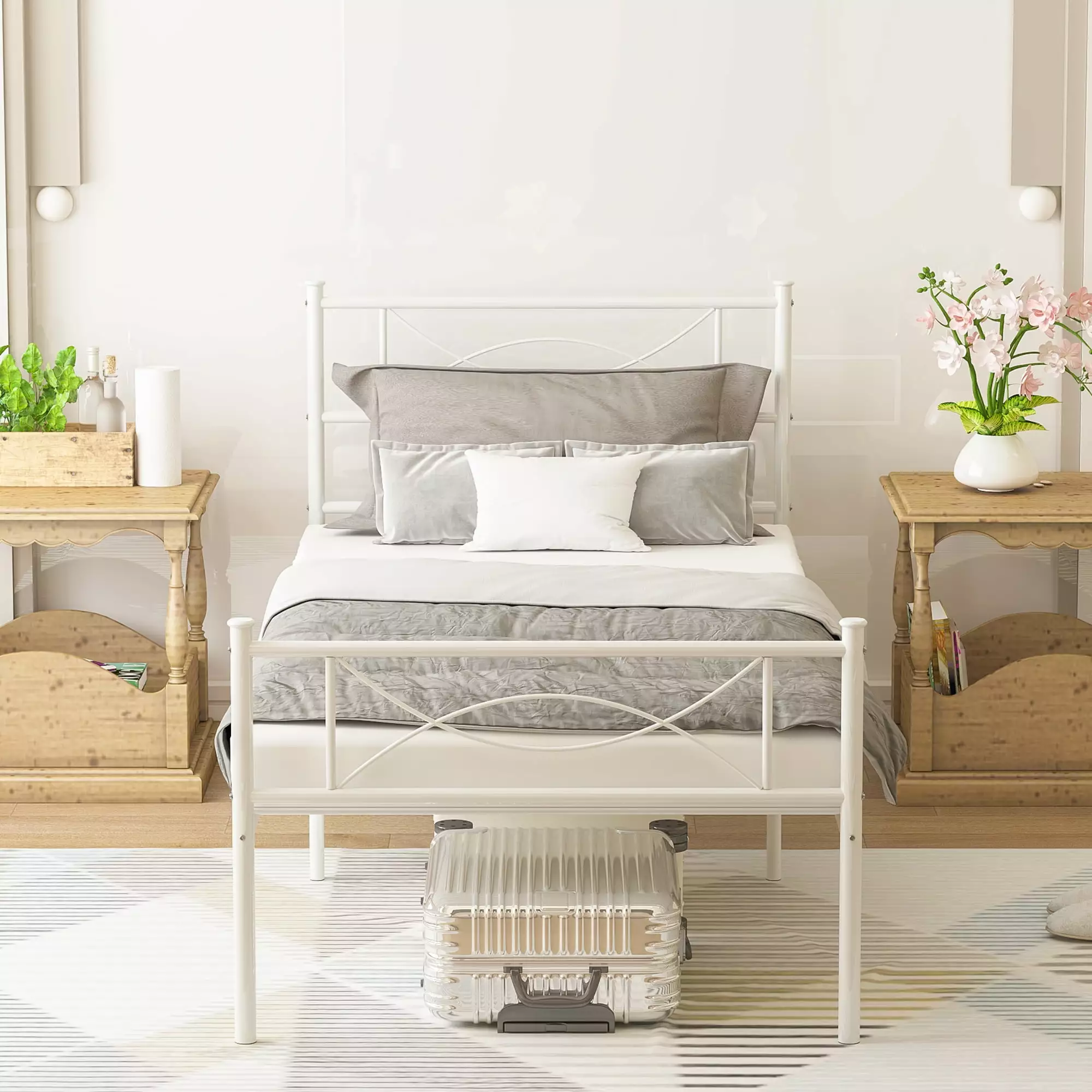 Yoneston 12.7 Inch High Metal Platform Bed Frame Bowknot Headboards Twin Size White