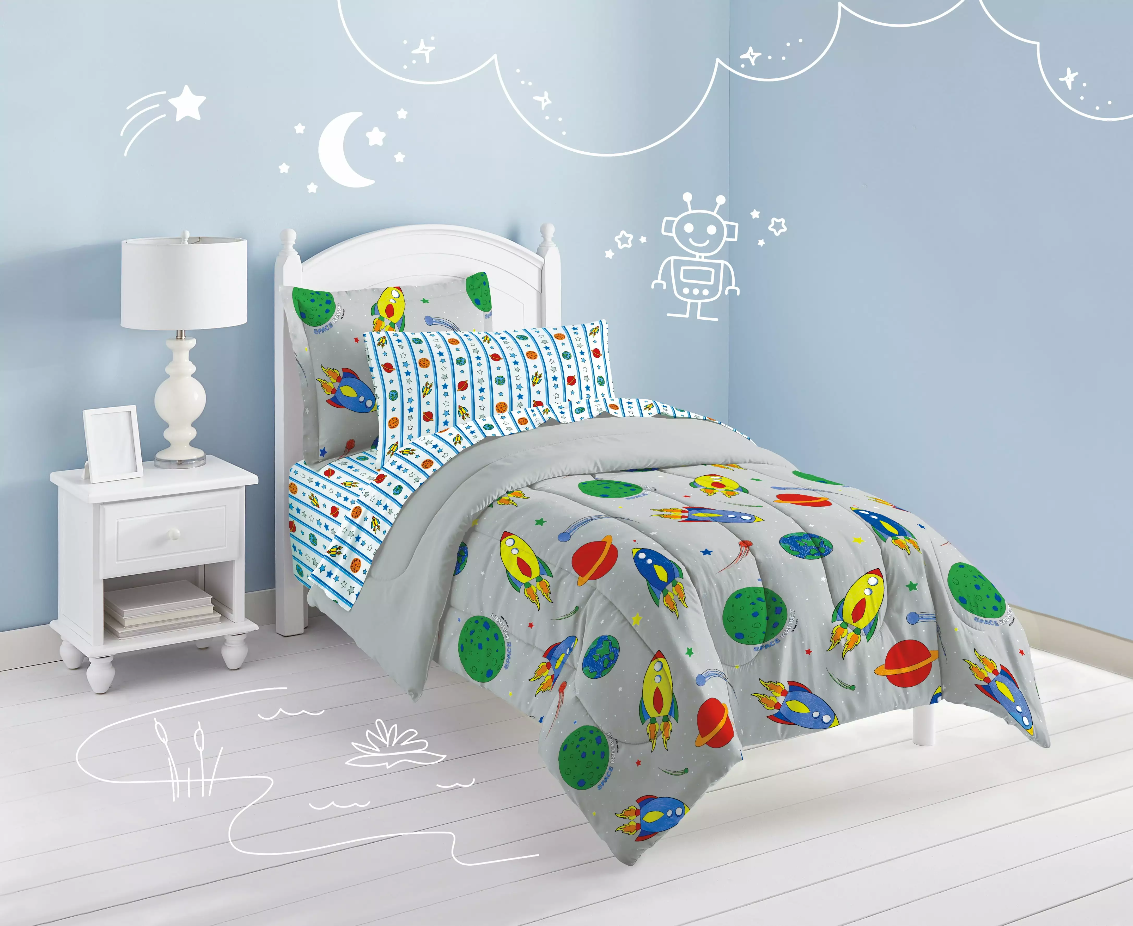 Dream Factory Space Rocket Twin 5 Piece Easeer Set Bed---Bag Polyester Grey Multi Male Child