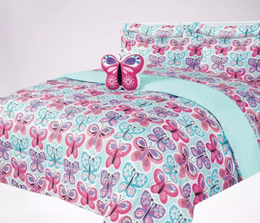 6-PC Twin Butterfly Blue Complete Bed Bag Comforter Bedding Set Furry Friend and Matching Sheet Set Kids Boys Girls Super ...