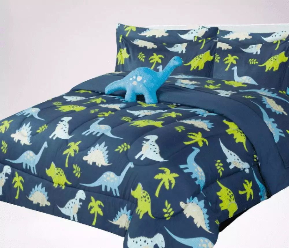6-PC Twin Dinosaur Blue Complete Bed Bag Comforter Bedding Set Furry Friend and Matching Sheet Set Kids Boys Girls Super S...