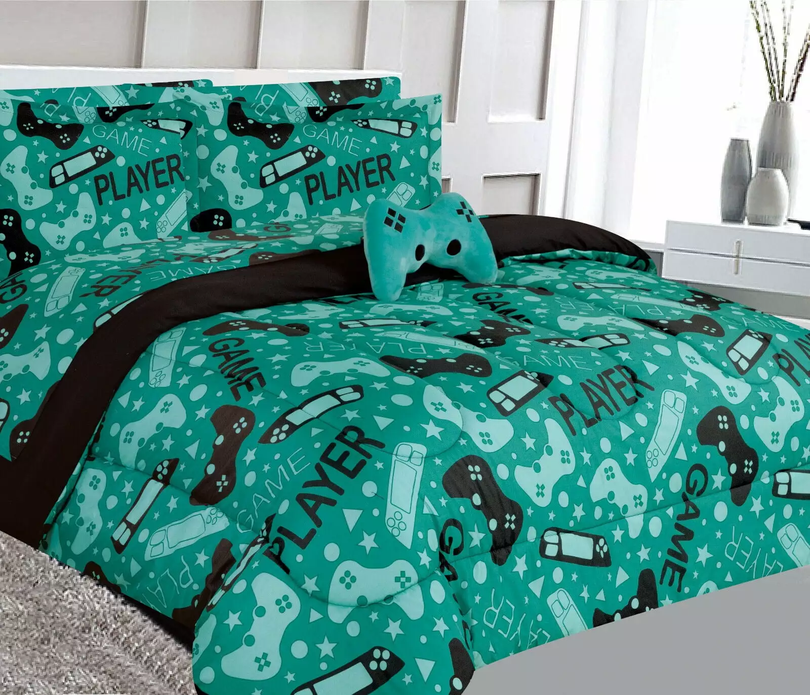 Game Player Blue Print Design Bed Bag Comforter & Sheet Set 6 Piece Twin Size Super Soft Fade Resistant Girls Boys Room De...